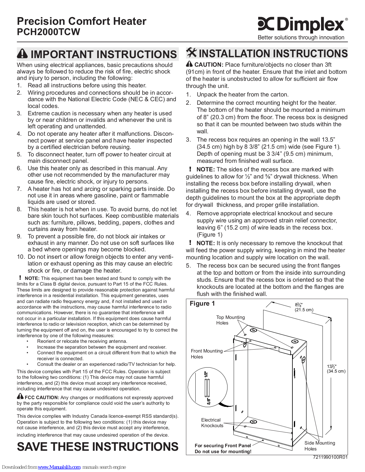 Dimplex PCH2000TCW Installation Instructions Manual