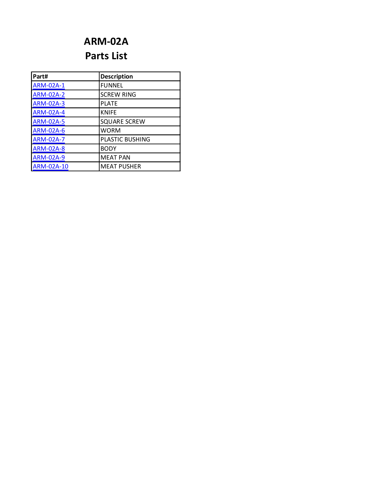 Thunderbird ARM-02A Parts Manual