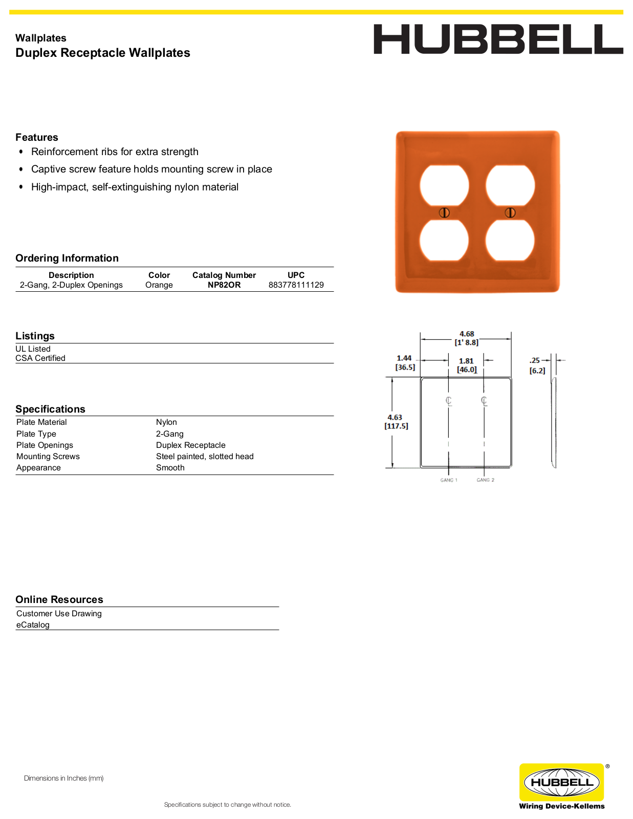 Hubbell NP82OR Specifications