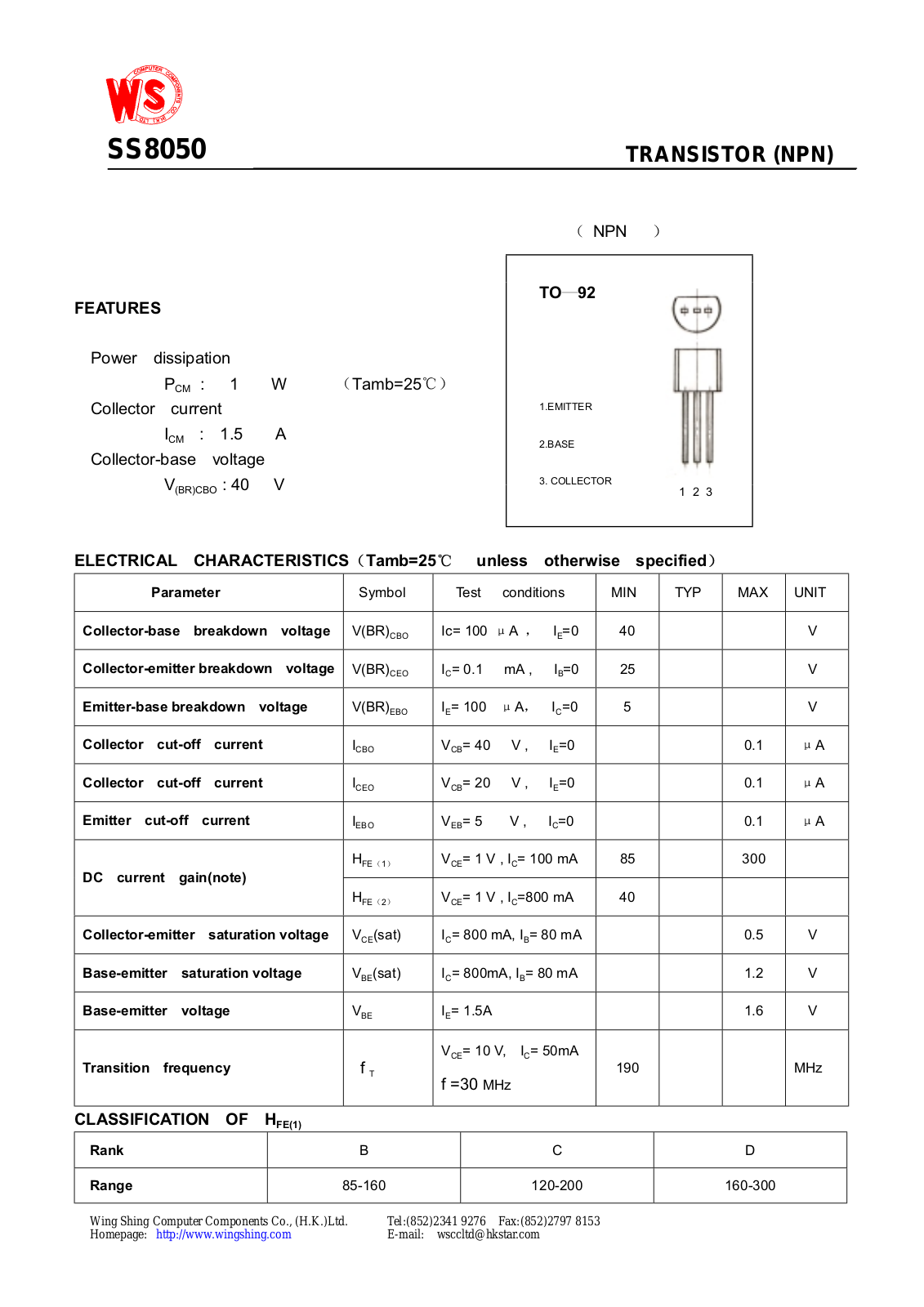 Wing Shing SS8050 Datasheet