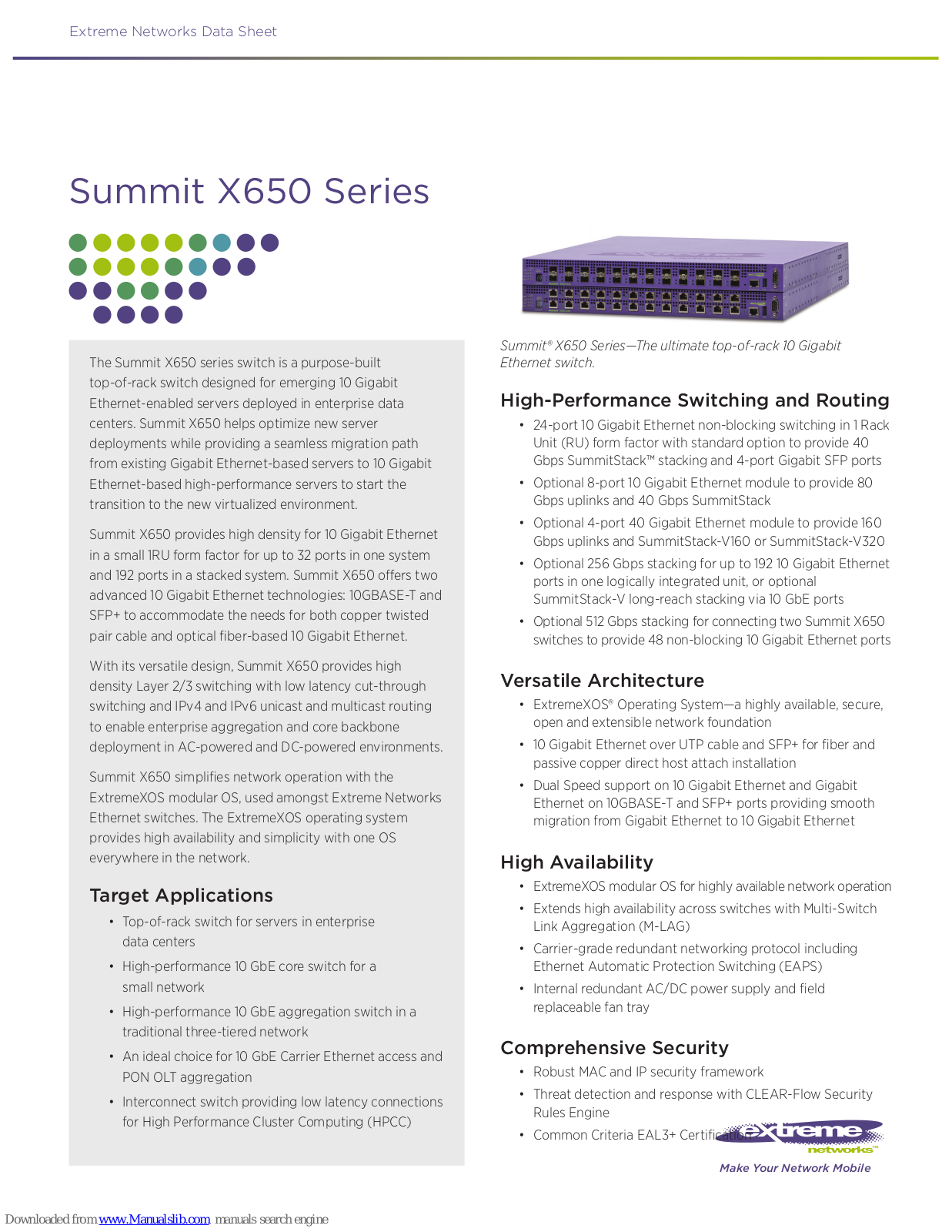 Extreme Networks Summit X650 Series, Summit X650-24t, Summit X650-24x Datasheet