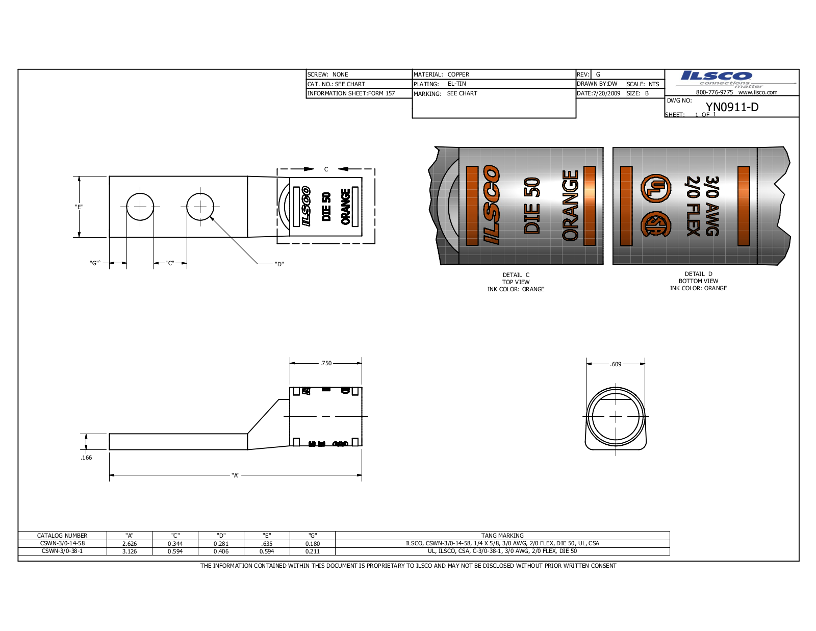 Ilsco CSWN-3/0-14-58 Data sheet