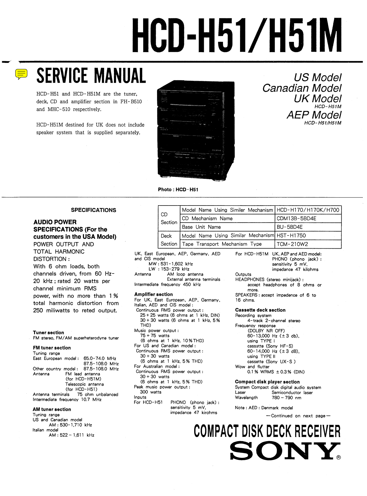 Sony HCD H51M, HCD H51 Service Manual
