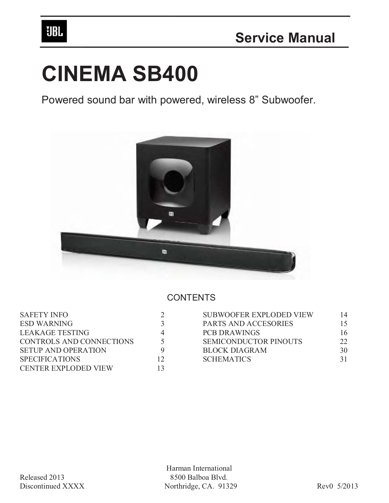 JBL CINEMA SB400 Service manual