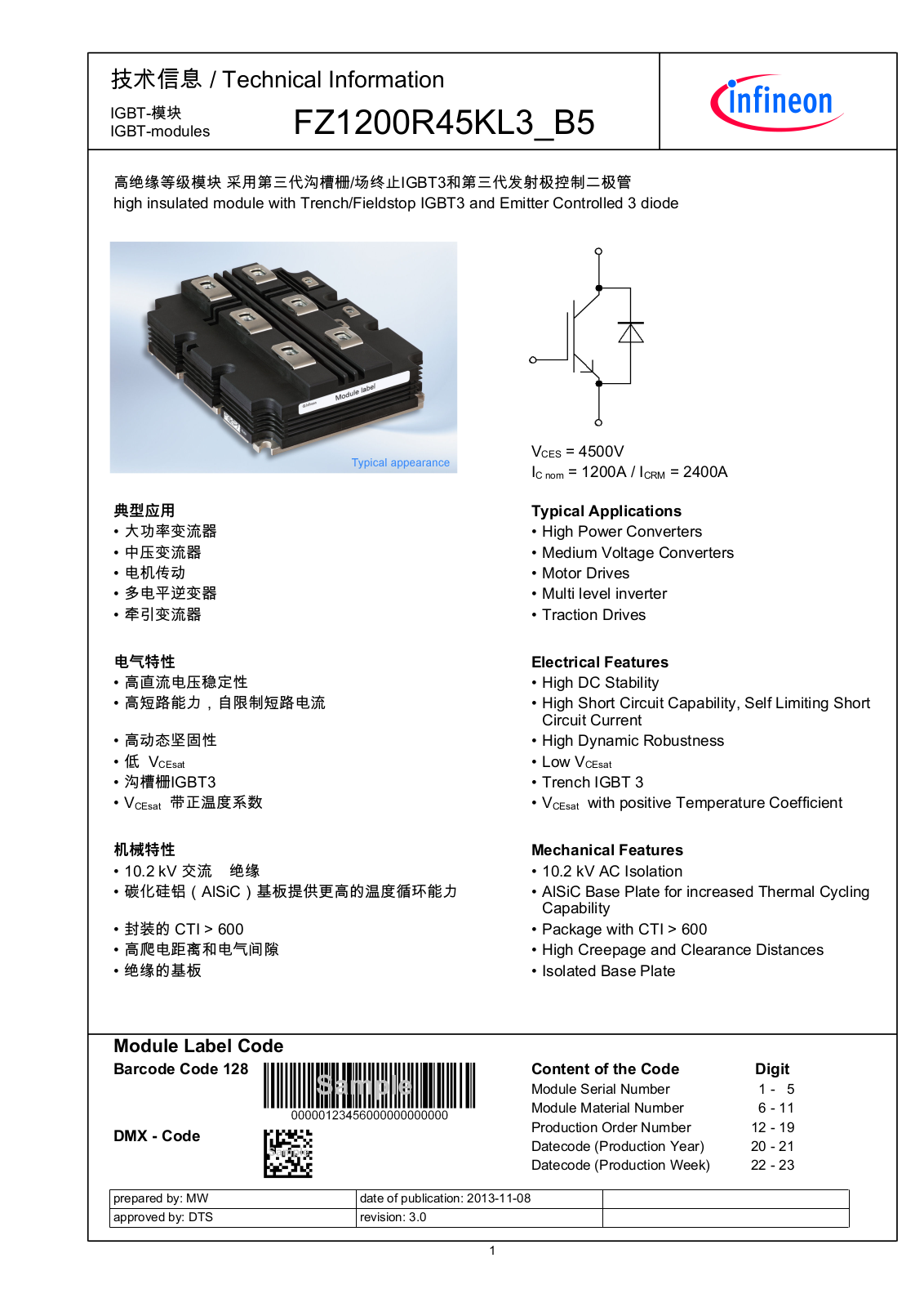 Infineon FZ1200R45KL3_B5 Data Sheet