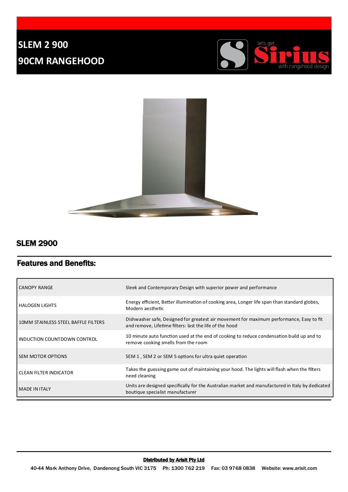 Sirius PKSLEM29001, SLEM2900SEM5XS316, SLEM2900SEM2XS316 Specifications Sheet