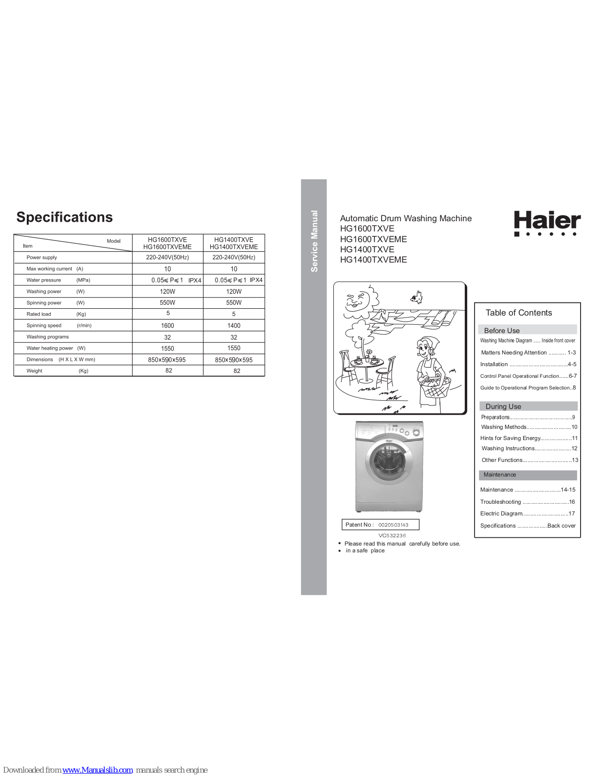 Haier HG1400TXVE, HG1400TXVEME, HG1600TXVE, HG1600TXVEME Service Manual