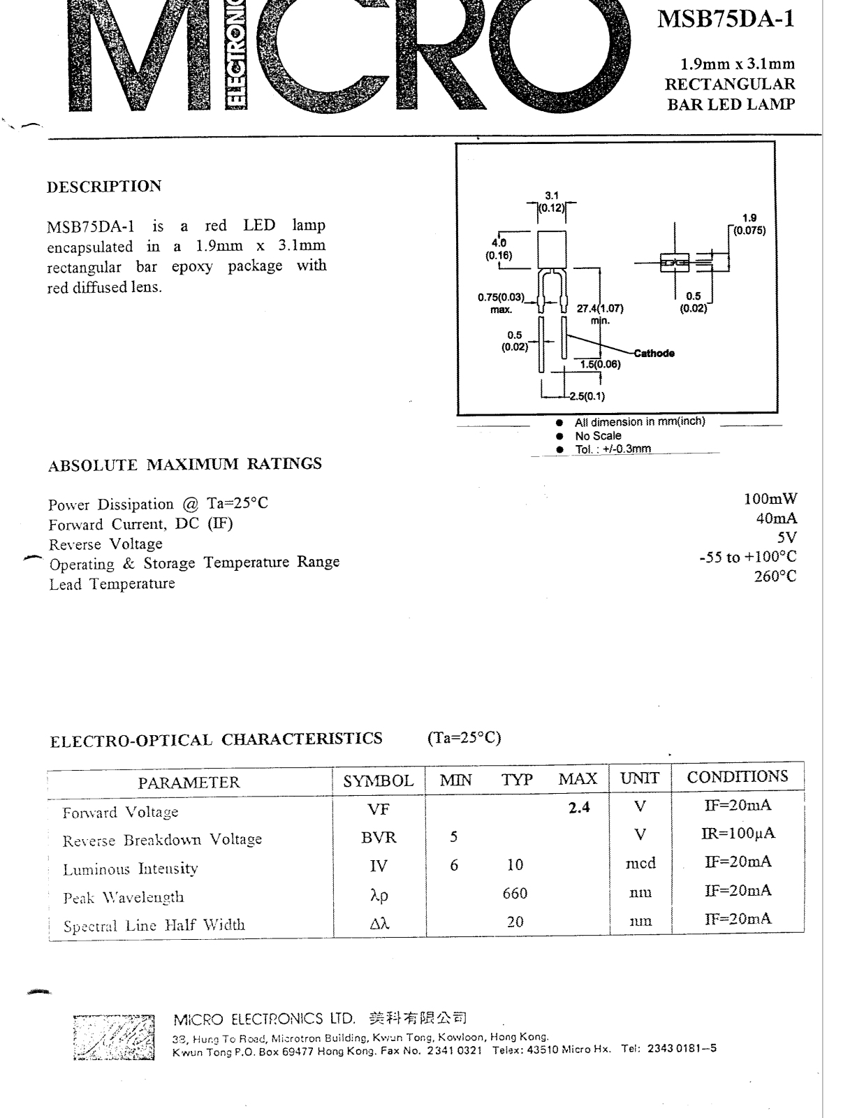 MICRO MSB75DA-1 Datasheet