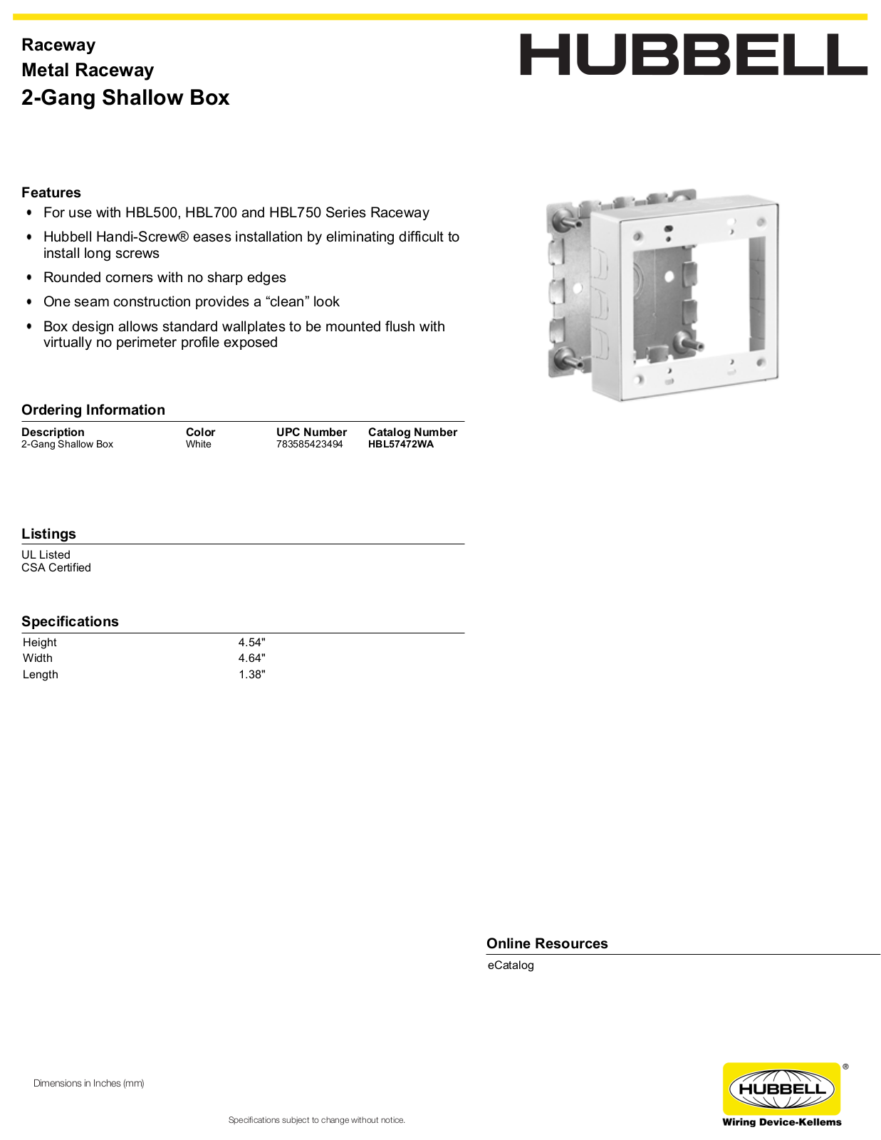 Hubbell HBL57472WA Specifications