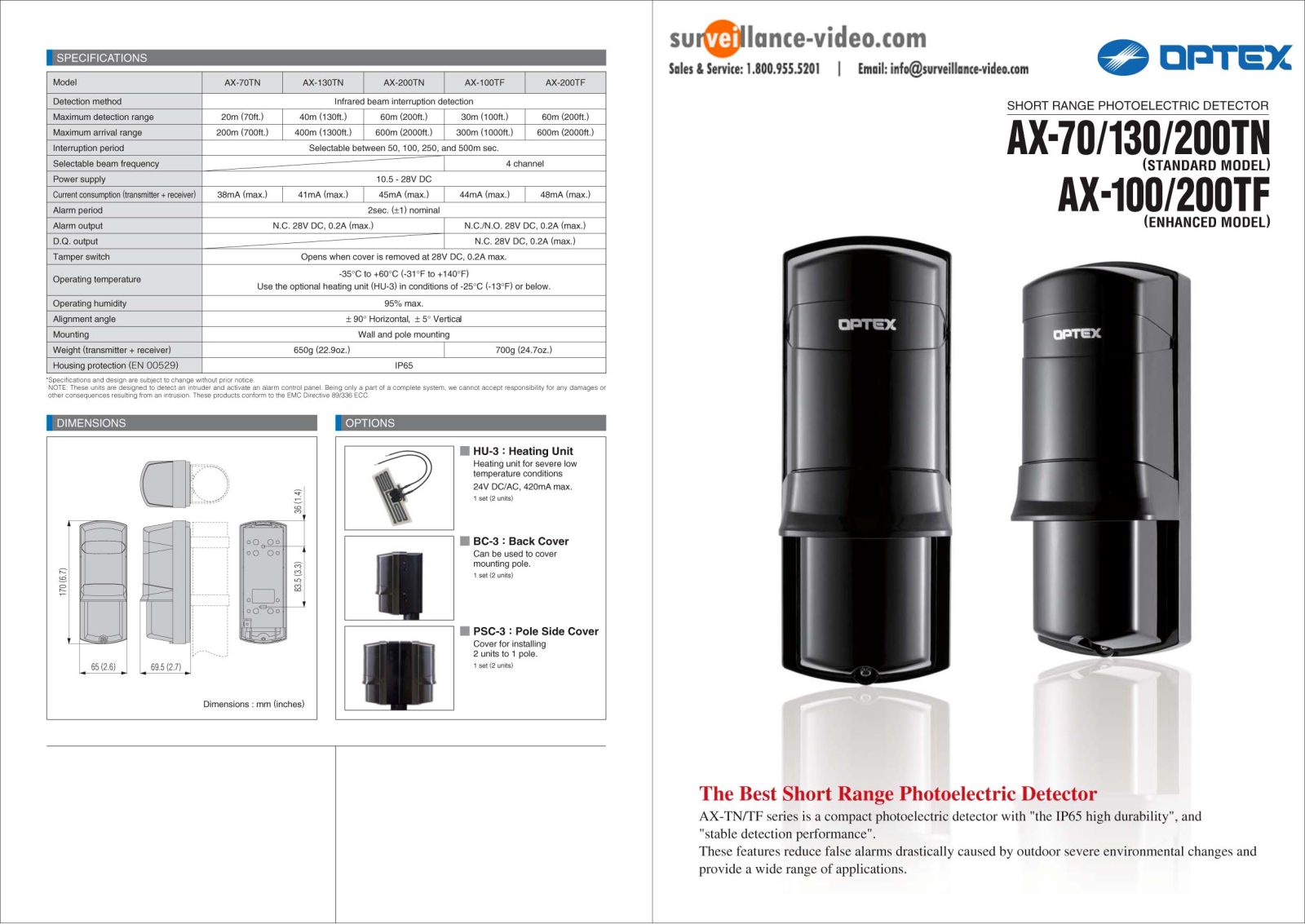 Optex AX-200TF, AX-200TN Specsheet