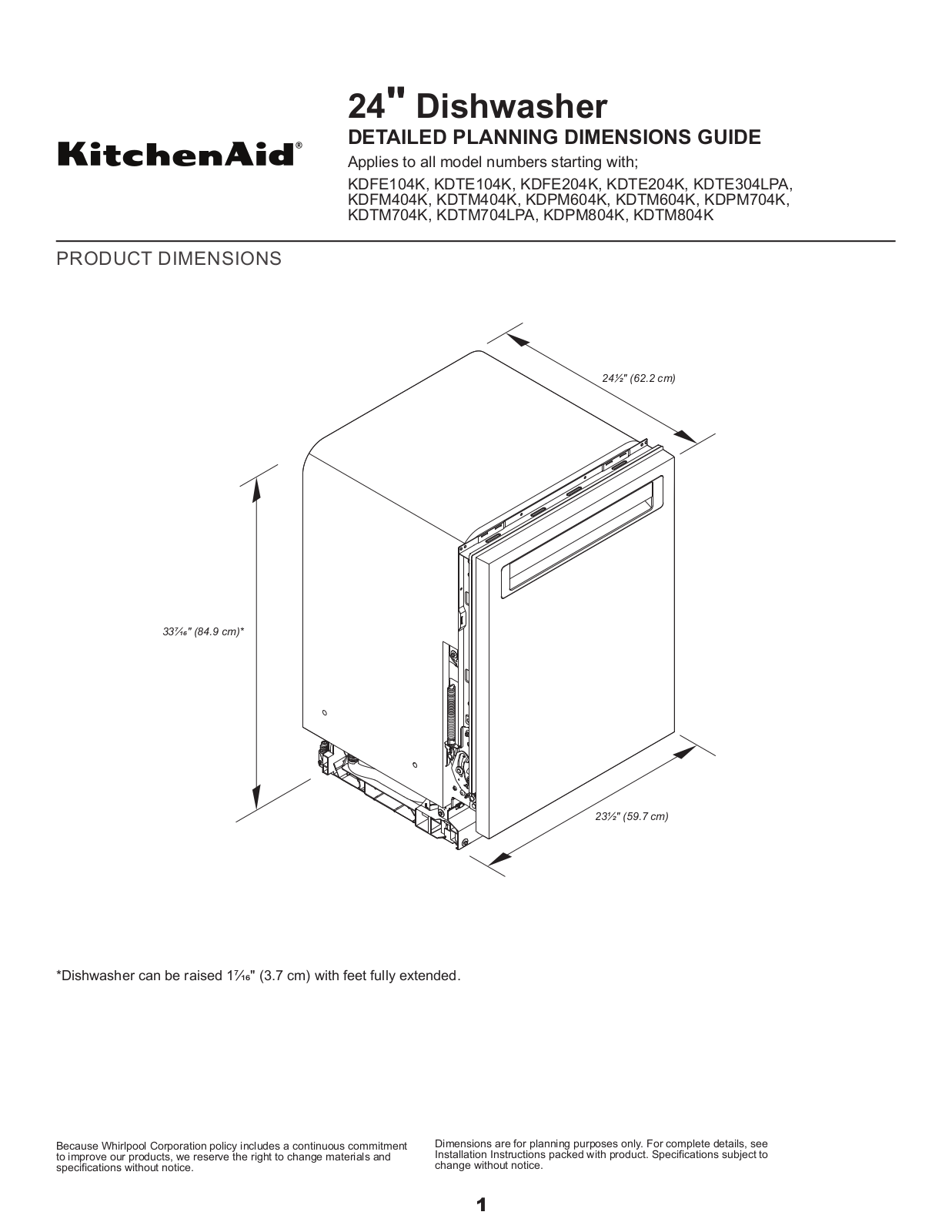 KitchenAid KDFE104K, KDTE104K, KDFE204K, KDTE204K, KDFM404K Dimensions Guide