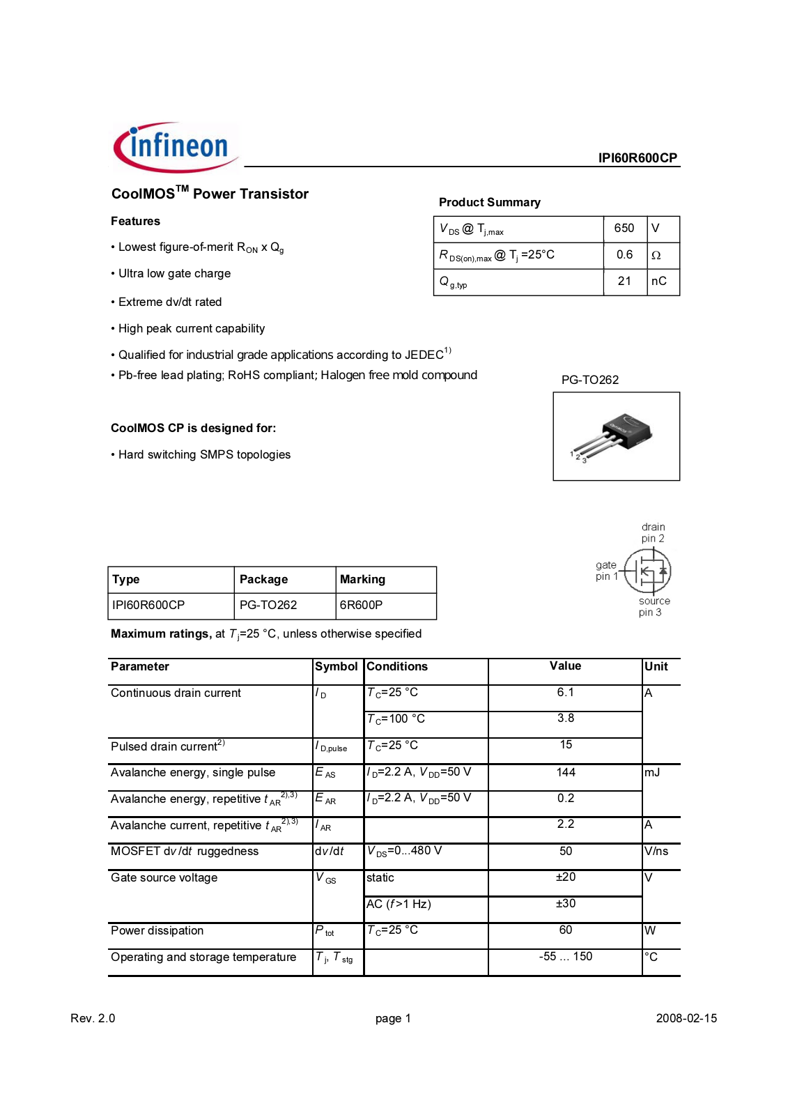 Datasheet ipi60r600cp_rev2.0 Datasheet - ManualMachine.com