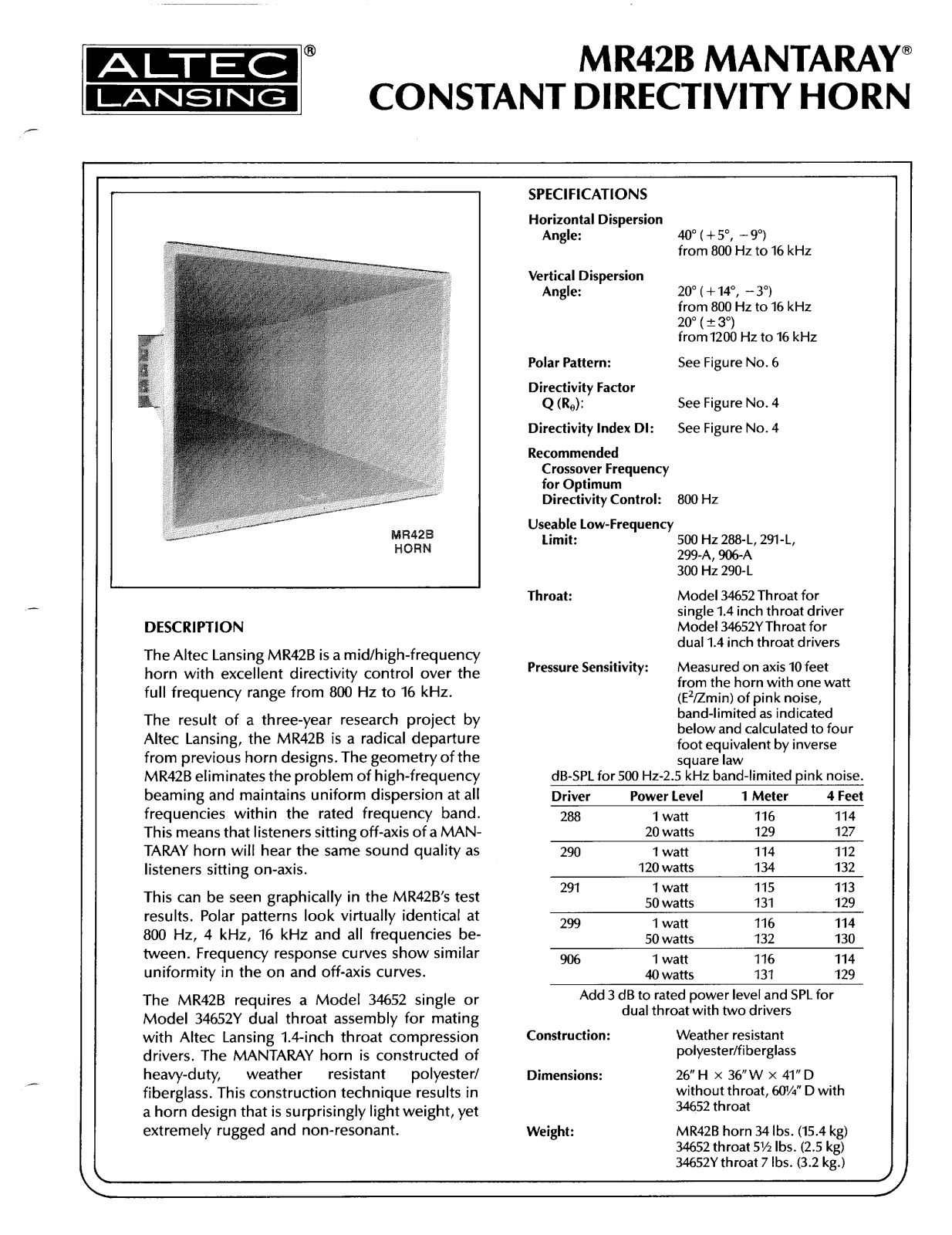 Altec lansing MR42B HF HORN User Manual
