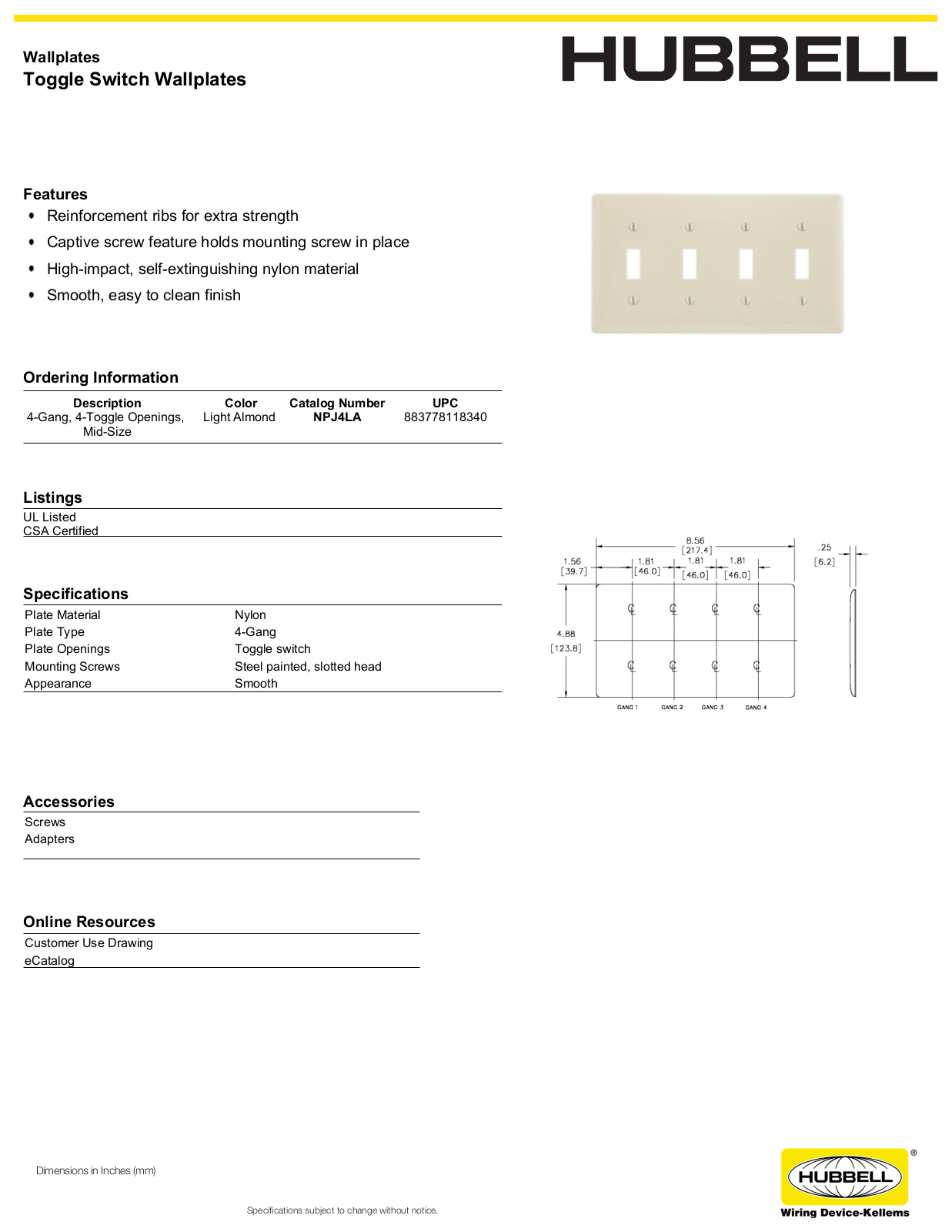 Hubbell NPJ4LA Specifications