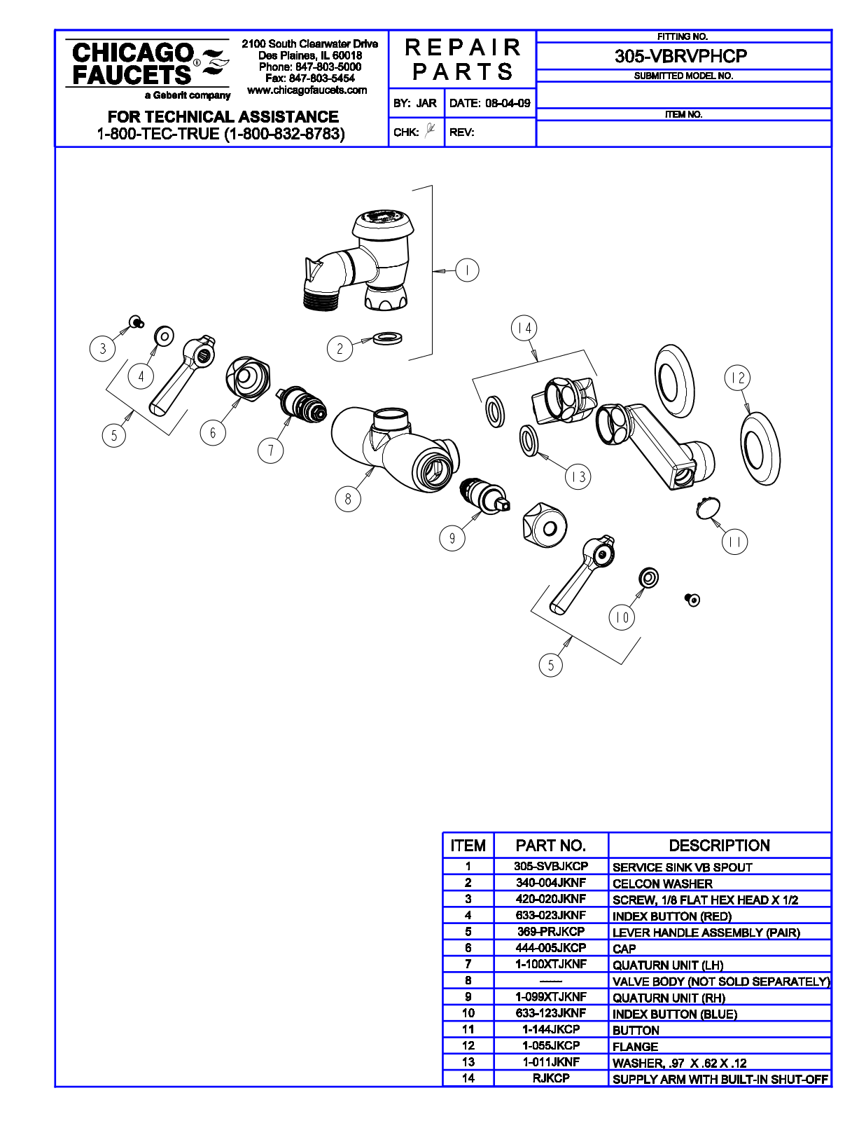 Chicago Faucet 305-VBRVPH Parts List