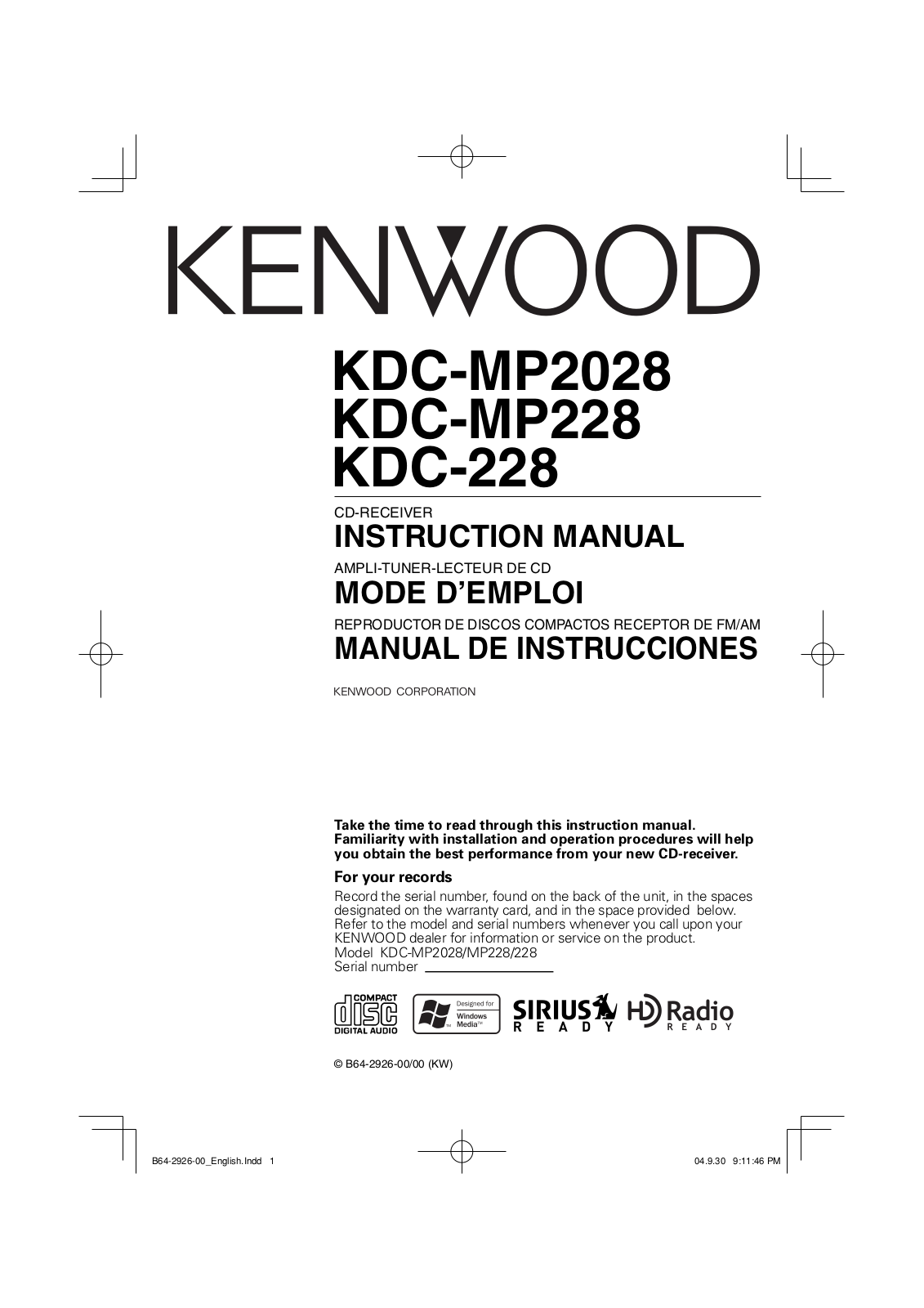 Kenwood KDC-228, KDC-MP228, KDC-MP2028 User Manual