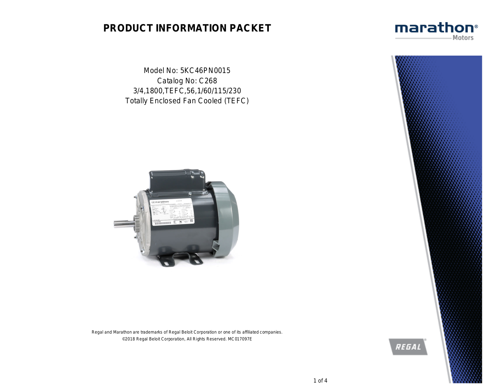 Marathon Electric 5KC46PN0015 Product Information Packet