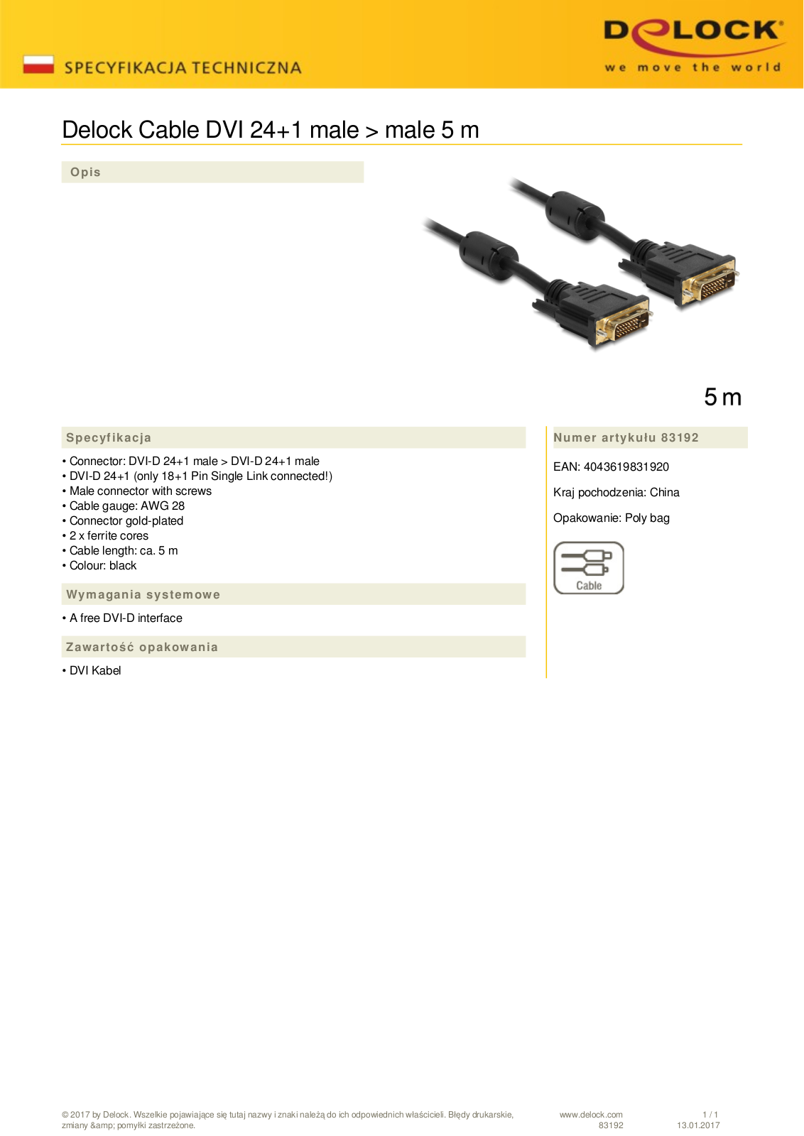 DeLOCK DVI cable 5m User Manual