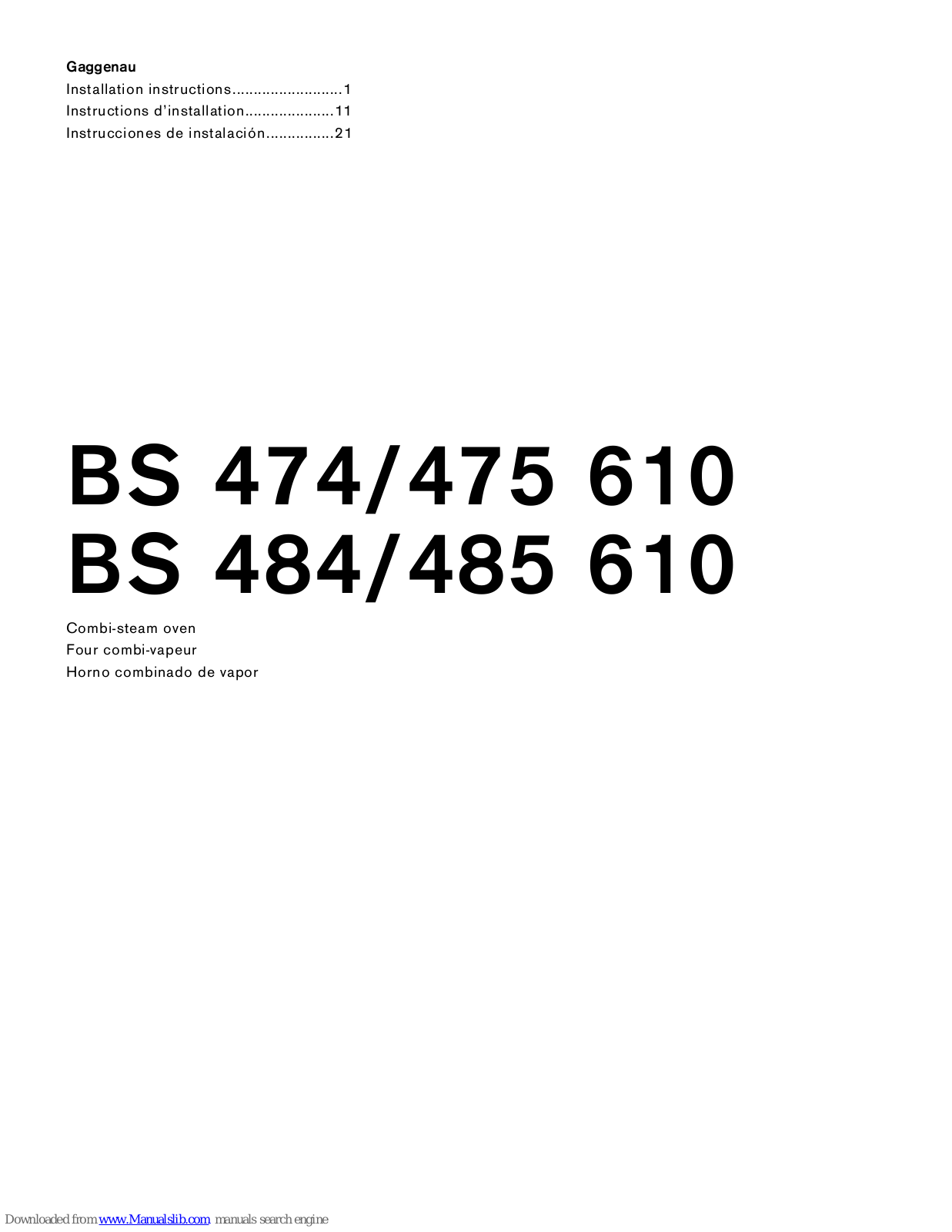 Gaggenau BS 474 610, BS 484 610, BS 485 610, BS 475 610 Installation Instructions Manual