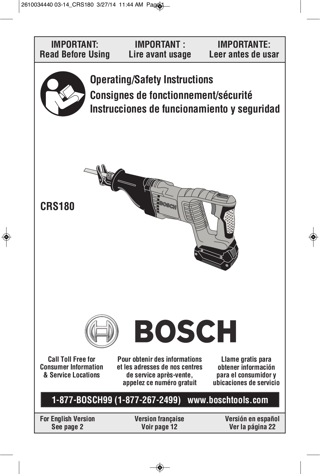 Bosch Power Tools CRS180BN, CRS180BL, CRS180K, CRS180B User Manual