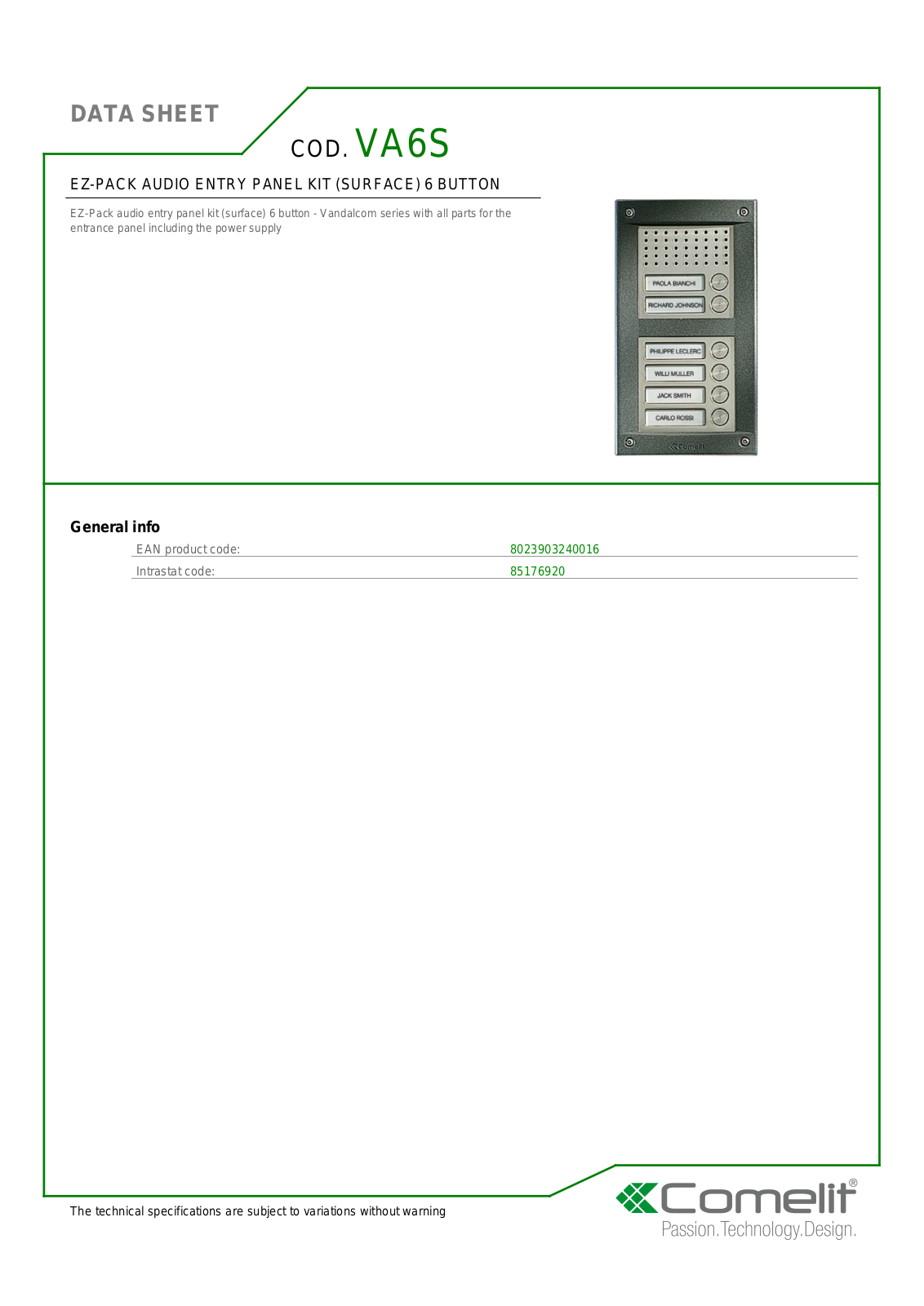 Comelit VA6S Specsheet