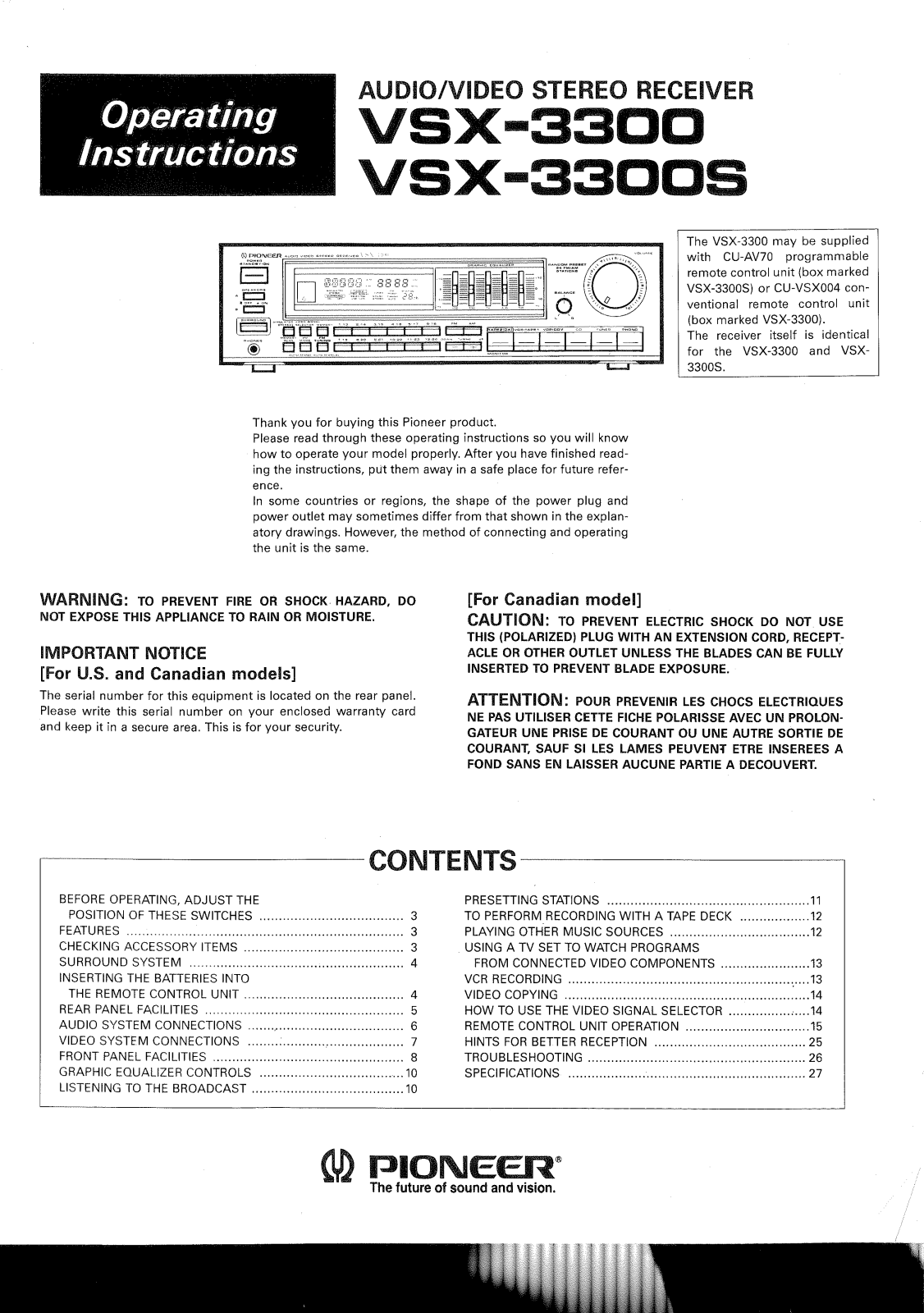 Pioneer VSX-3300S Owners Manual