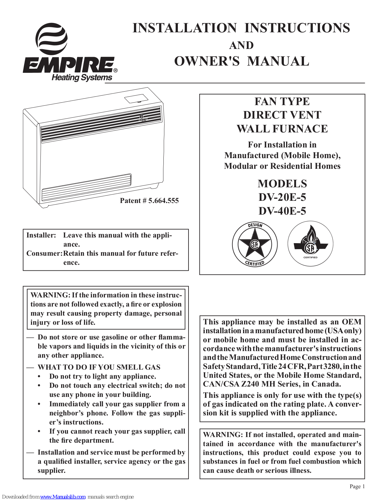 Empire Heating Systems DV-20E-5, DV-40E-5 Installation Instructions And Owner's Manual