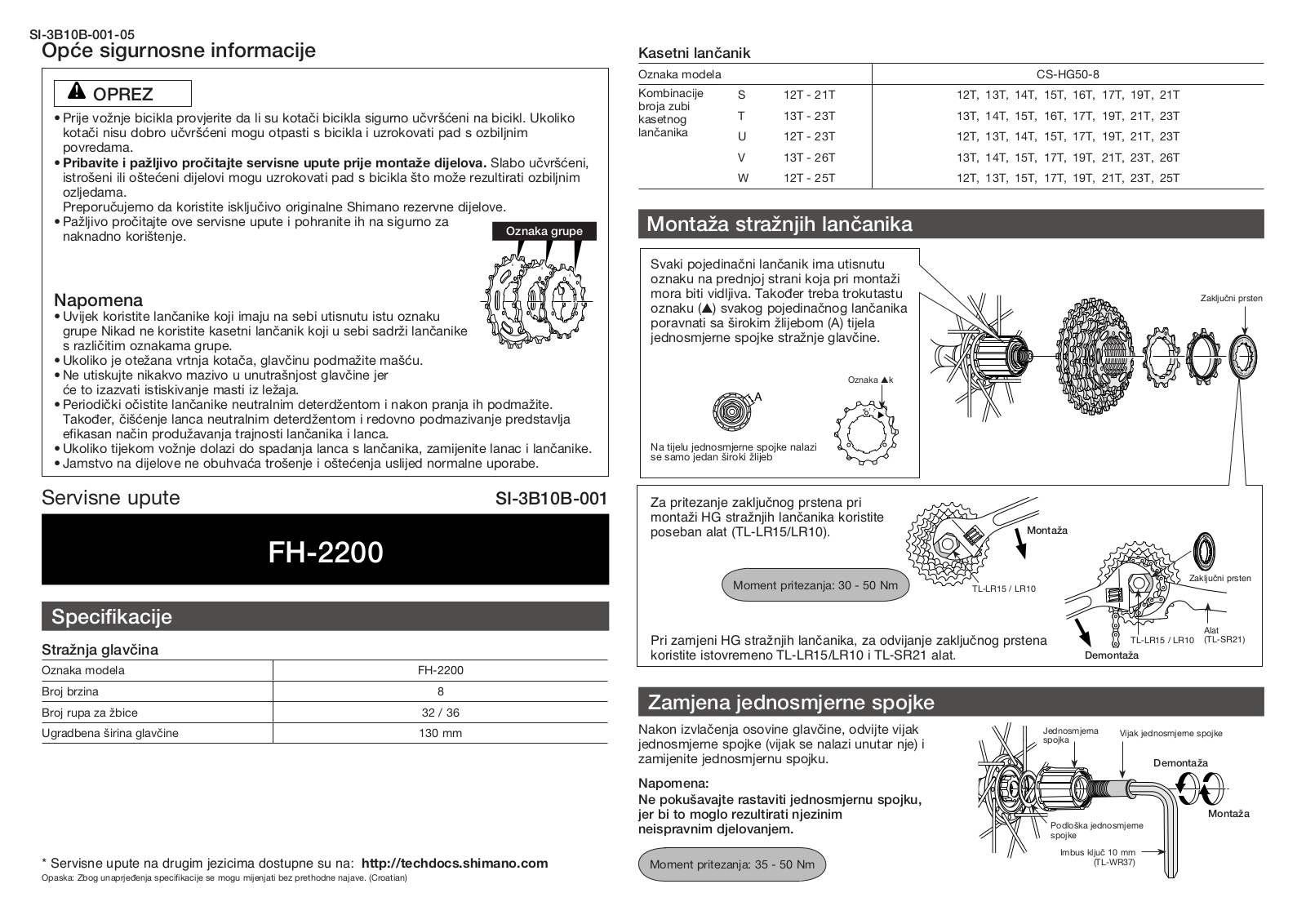 Shimano FH-2200 TECHNICAL SERVICE INSTRUCTIONS