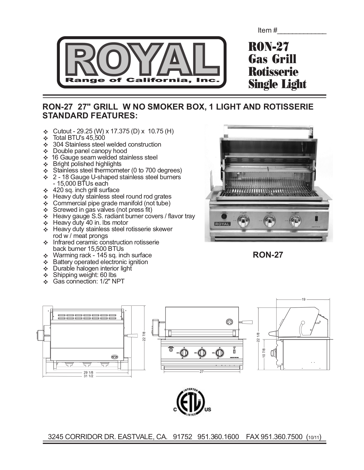 Royal Range RON-27 User Manual