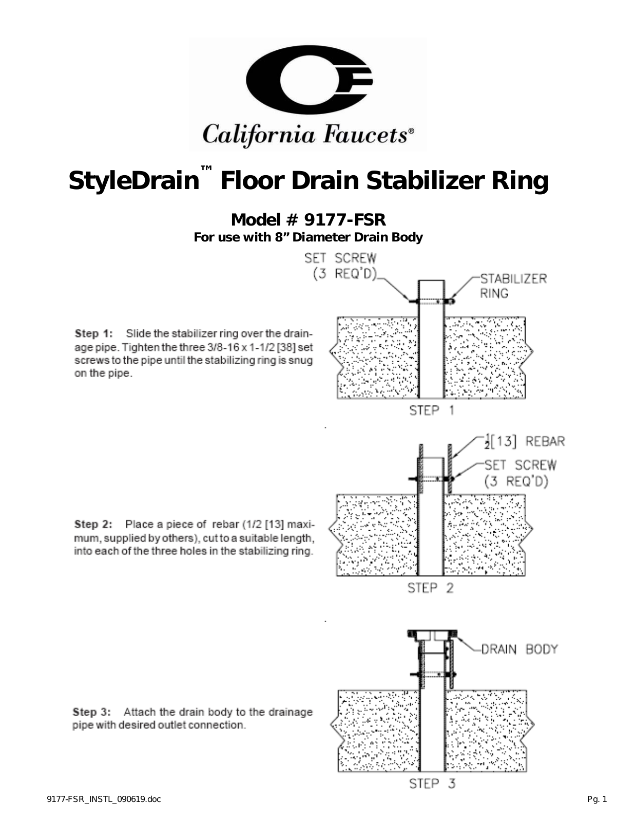 California Faucets StyleDrai Shower Drain Floor Stabilizer Kit User Manual