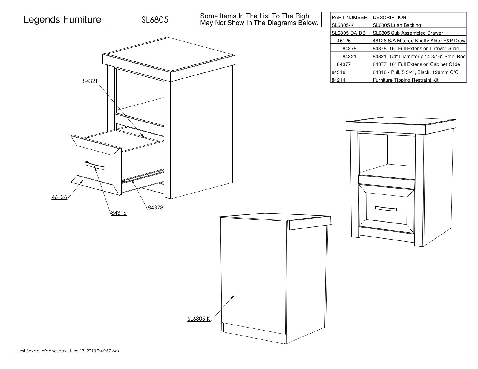 Legends Furniture SL6805 Parts Manual