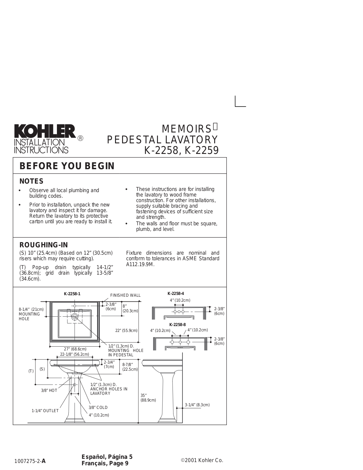 Kohler MEMOIRS Series, MEMOIRS K-2259, MEMOIRS K-2258 Installation Instructions Manual