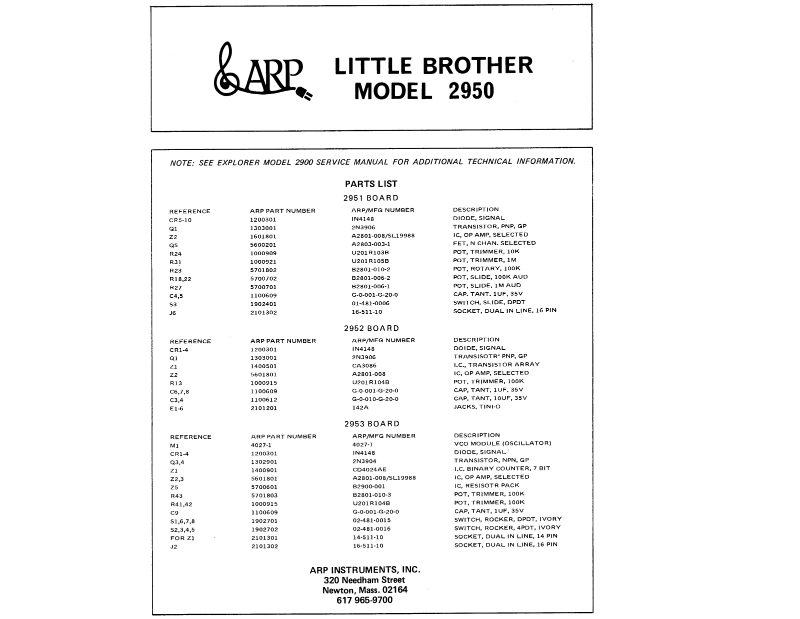 ARP Instruments 2950 Parts List