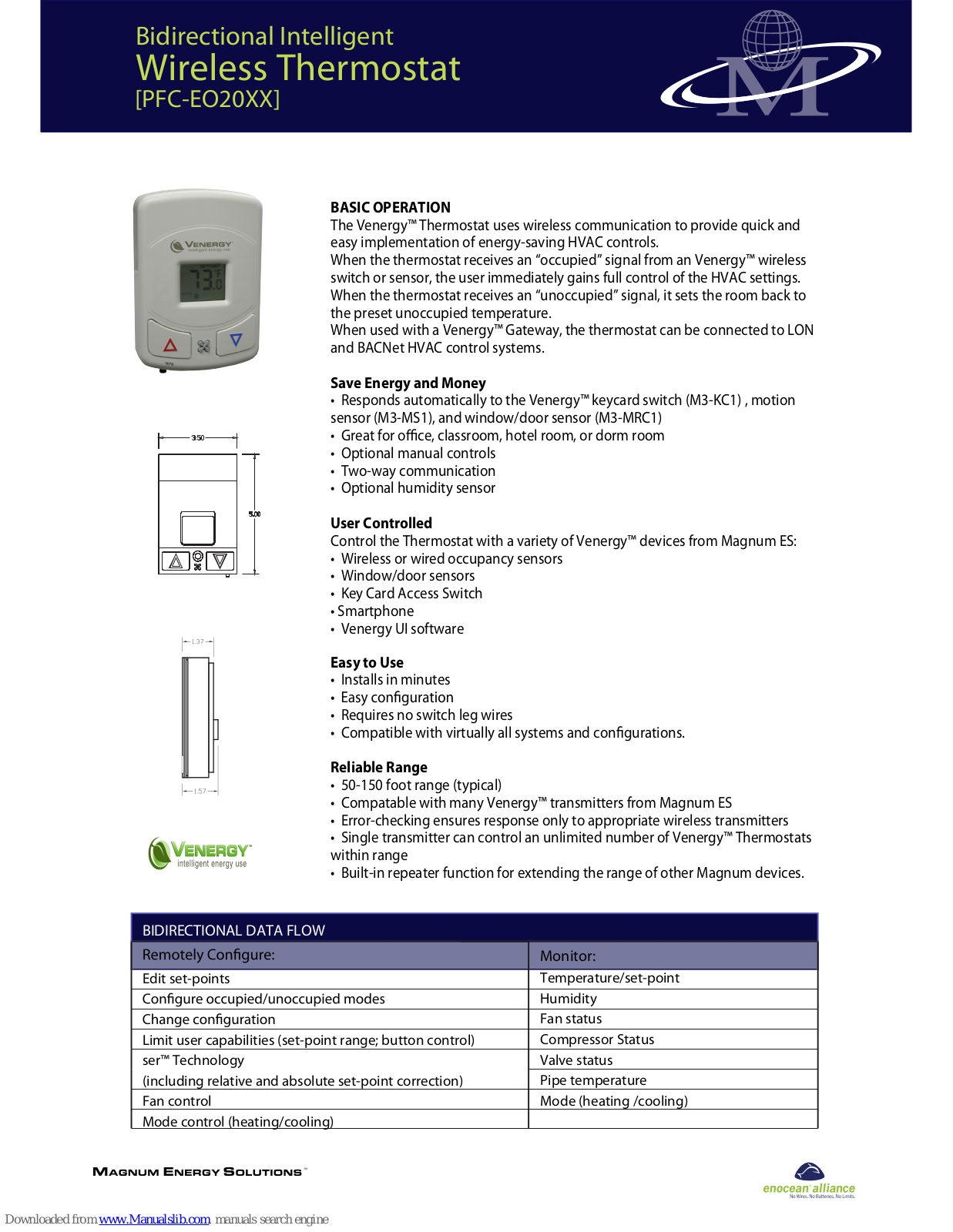 Venergy PFC-EO2015, PFC-EO2016 Specifications