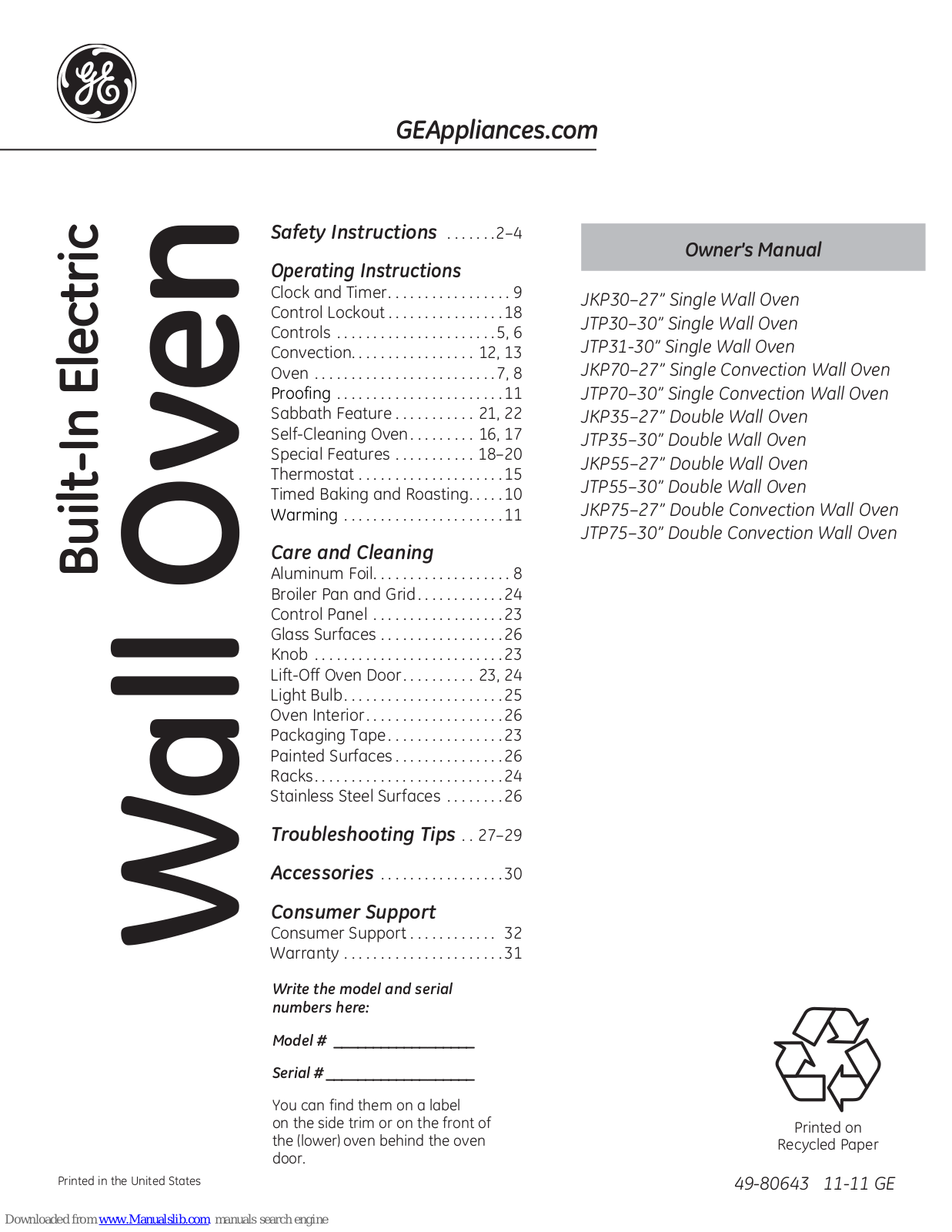 GE JTP75SPSS, JTP75DPWW, JKP75DPWW, JKP55SPSS, JTP55SPSS Owner's Manual