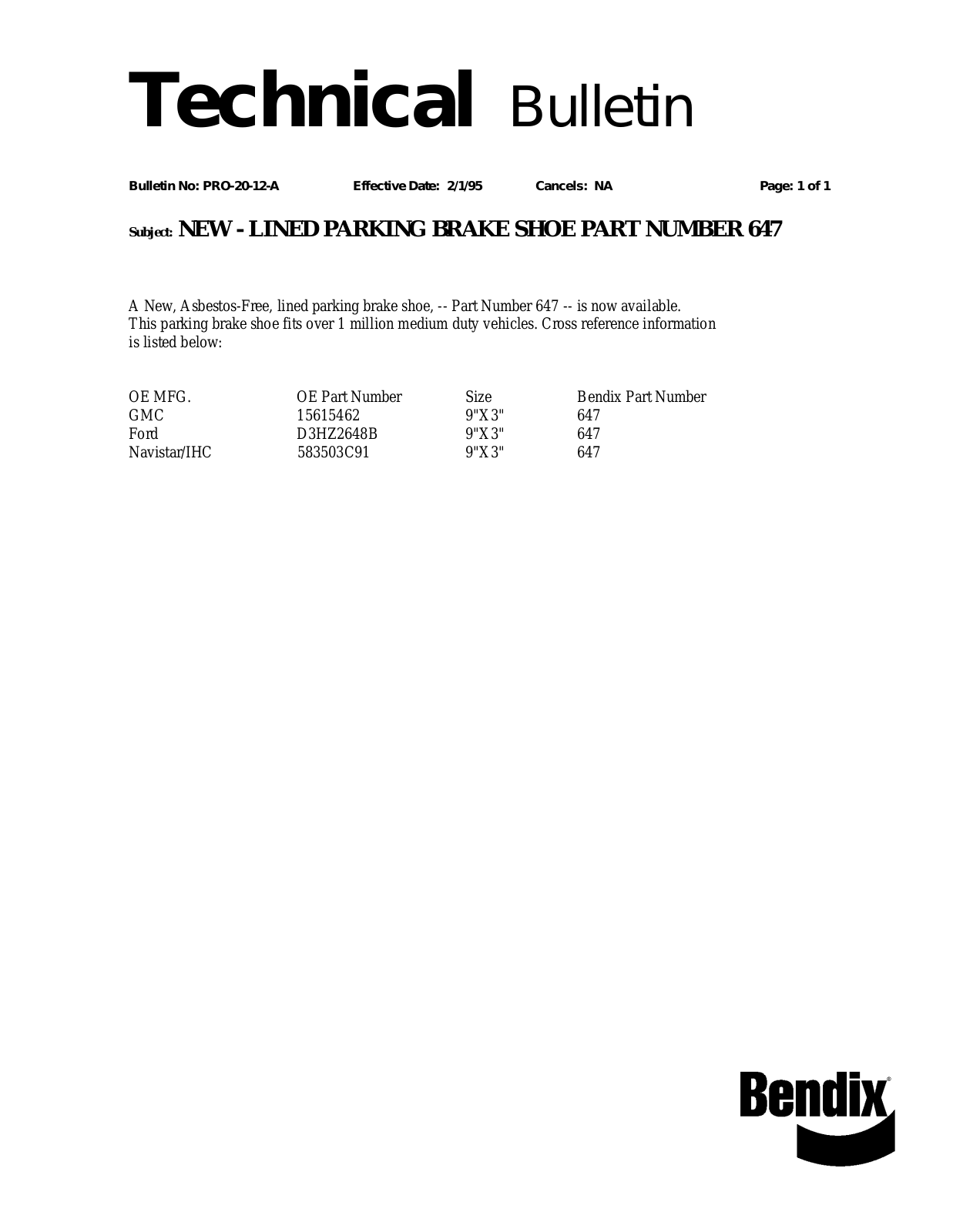 BENDIX TCH-020-012 User Manual