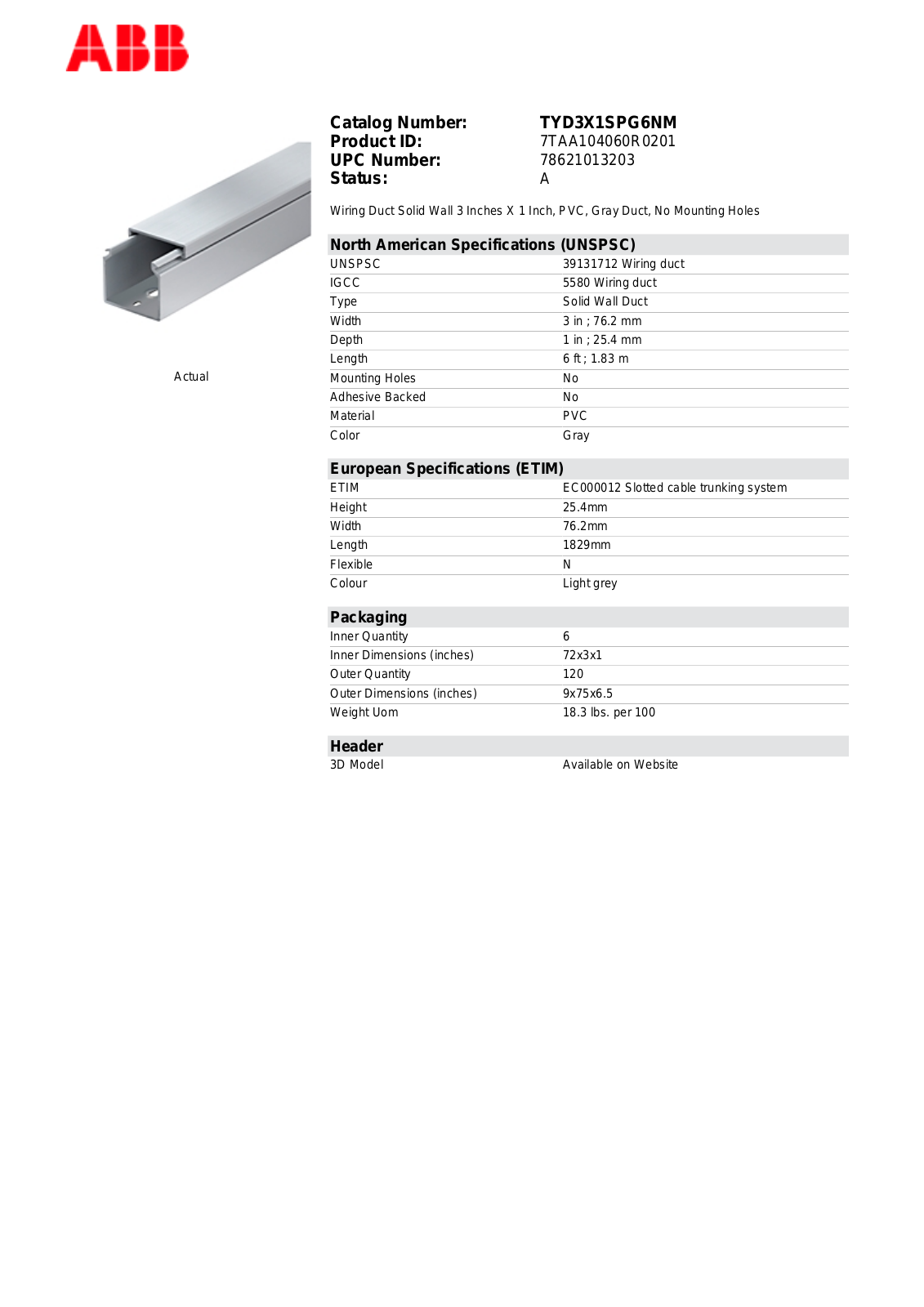 Thomas & Betts TYD3X1SPG6NM Data Sheet