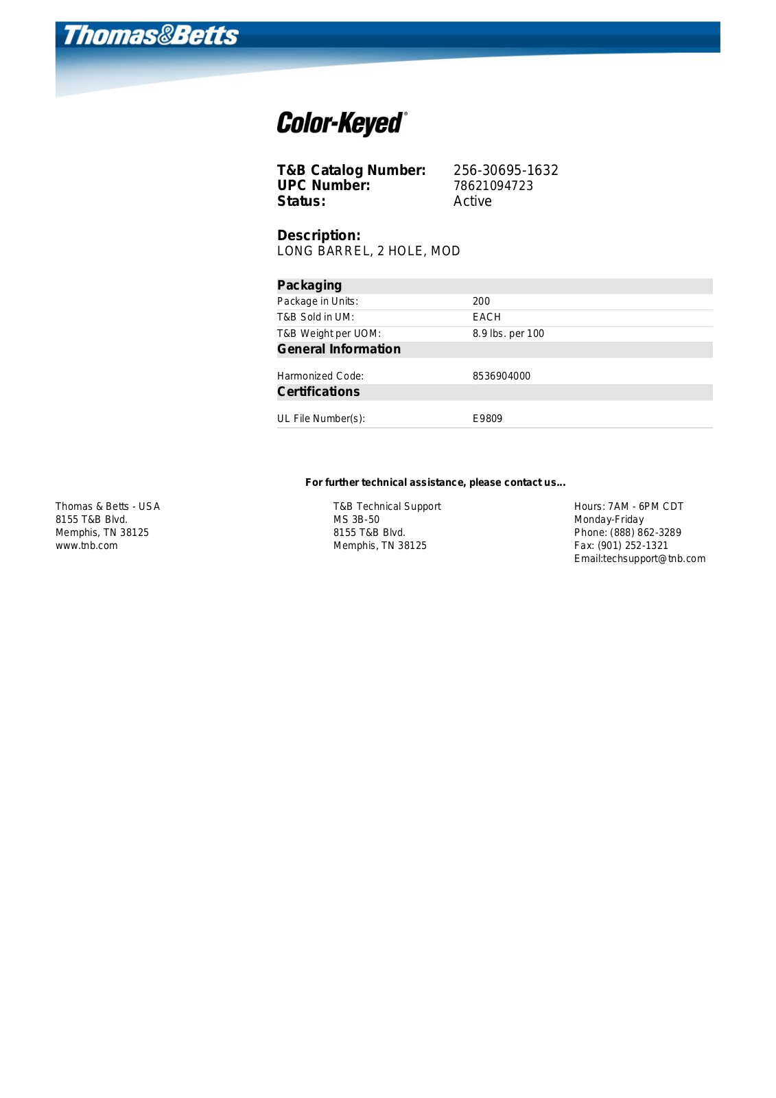 Thomas & Betts 256-30695-1632 Data Sheet