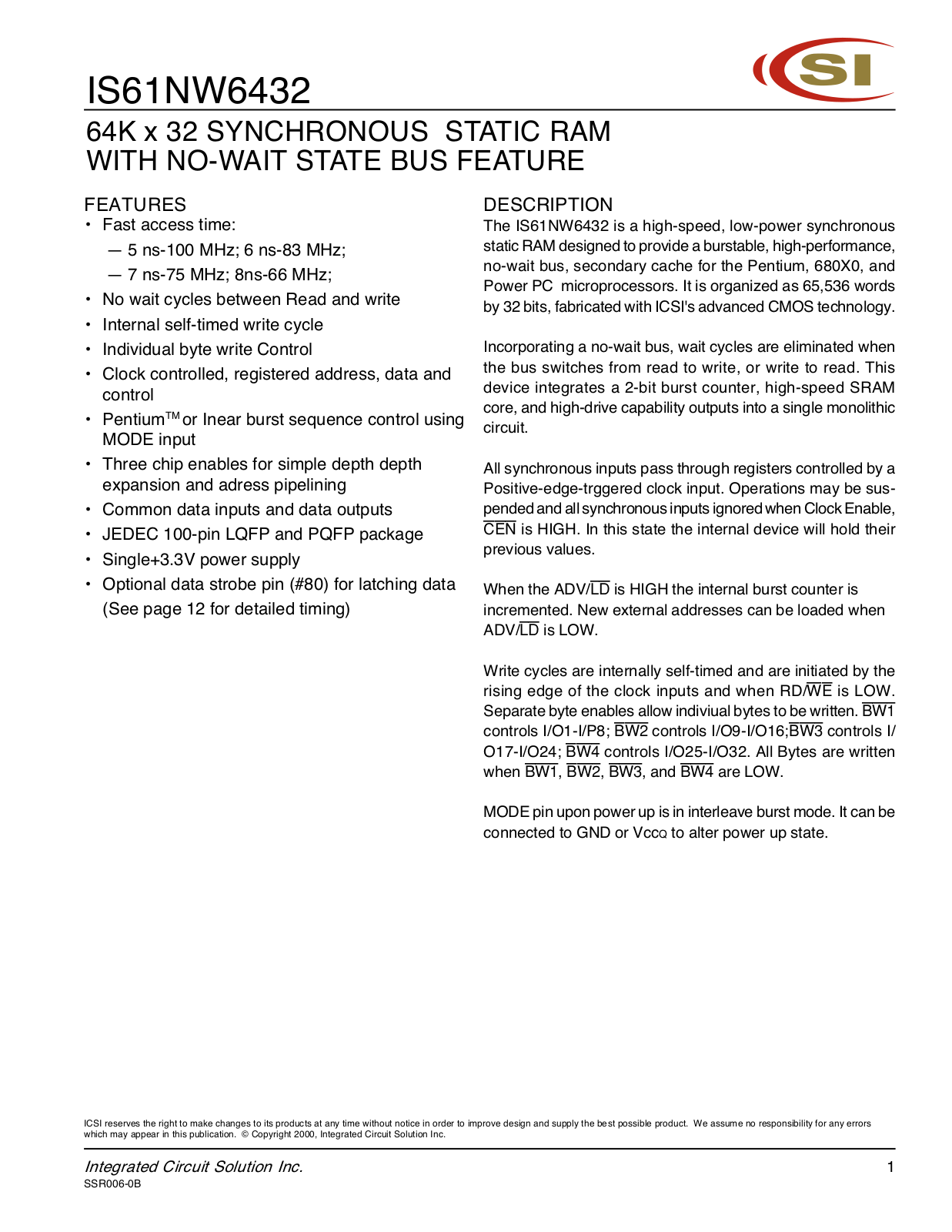 ICSI IS61NW6432-7PQ, IS61NW6432-6TQ, IS61NW6432-6PQ, IS61NW6432-5PQ, IS61NW6432-8PQ Datasheet