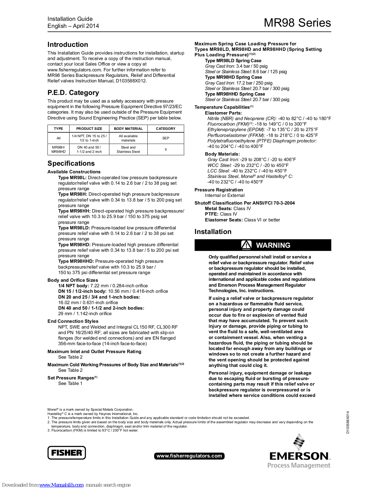 Emerson Fisher MR98LD, Fisher MR98HD, Fisher MR98HHD Installation Manual