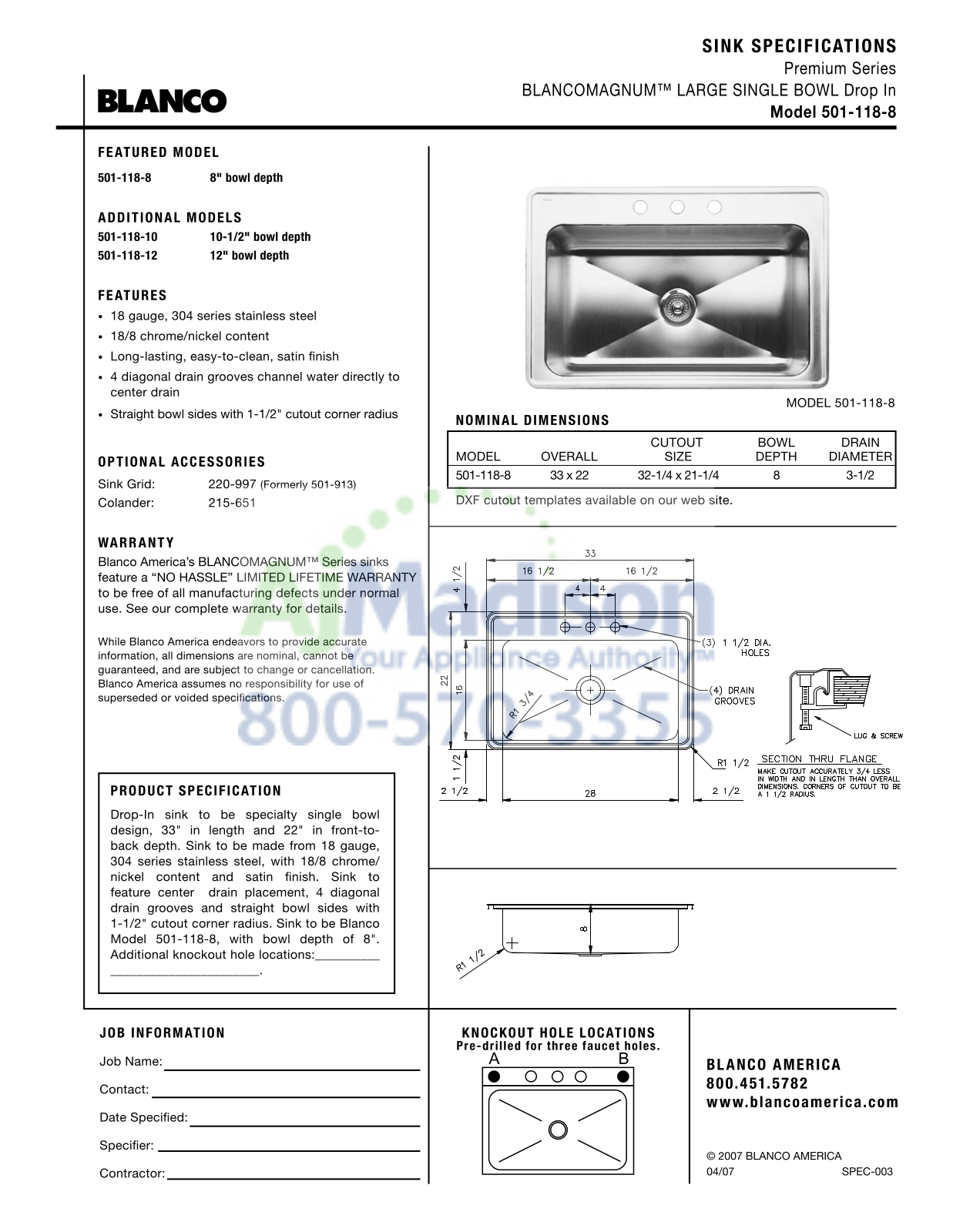 Blanco 440284 Specs