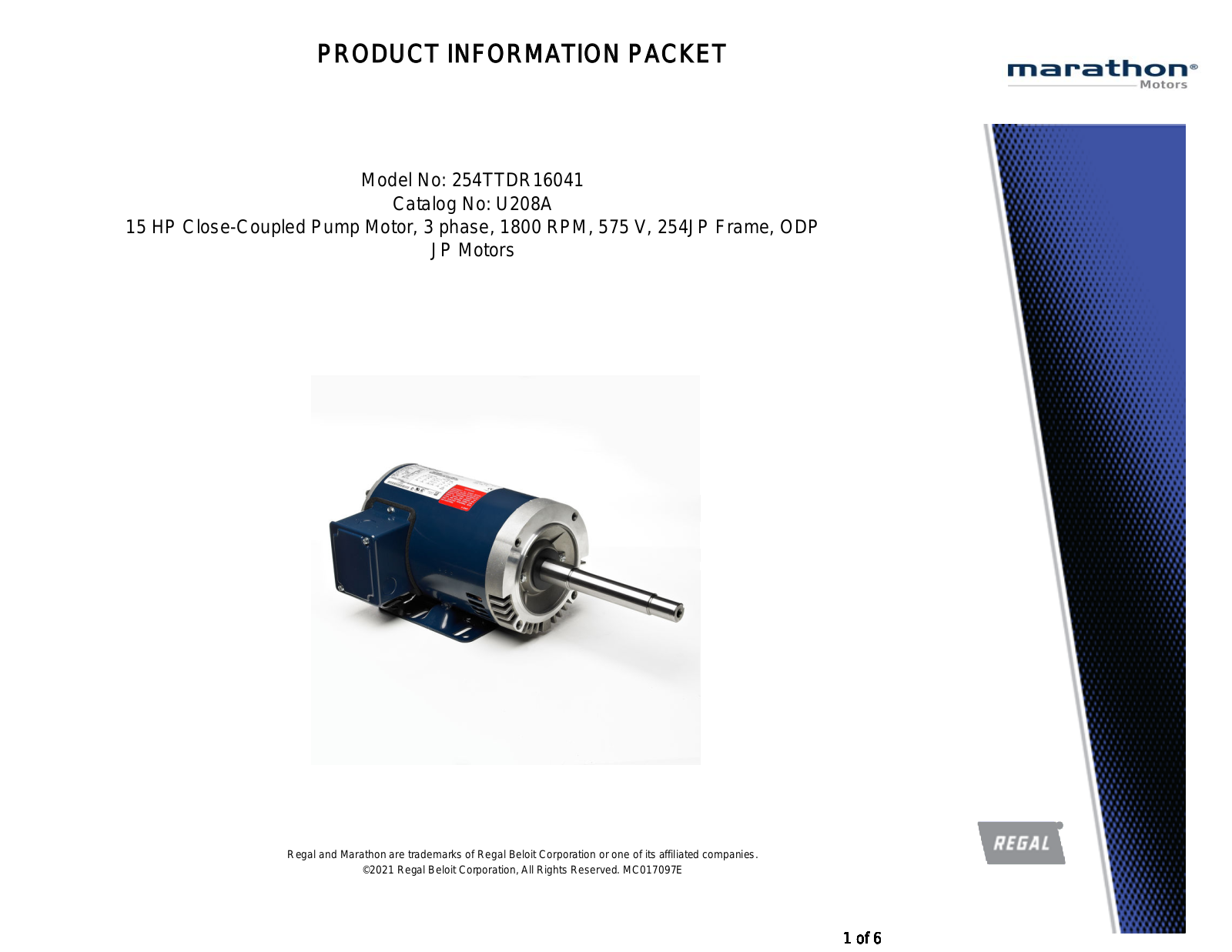 Marathon Electric U208A Product Information Packet