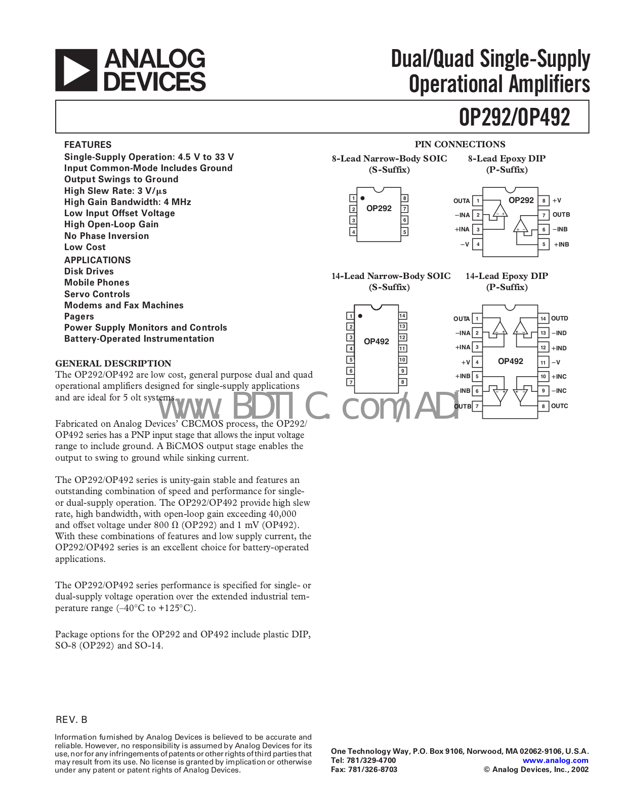 ANALOG DEVICES OP292, OP492 Service Manual