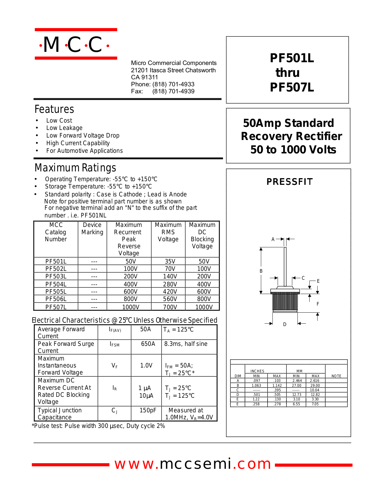 MCC PF506L, PF507L, PF501L, PF502L, PF503L Datasheet