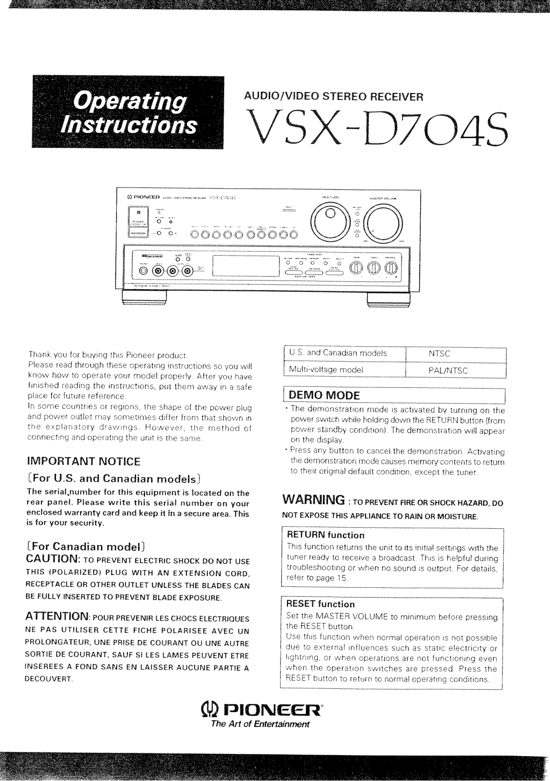 Pioneer VSXD-704-S Owners manual