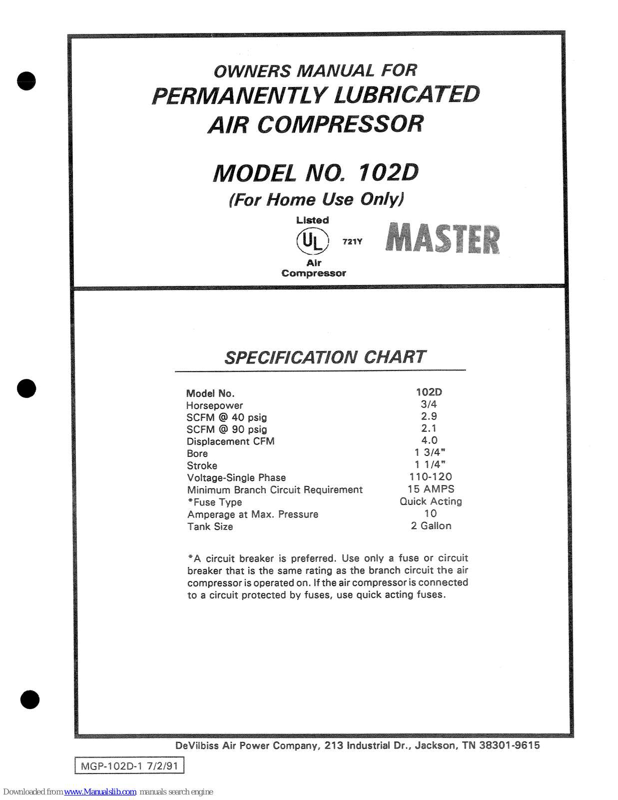 Master 102D Owner's Manual