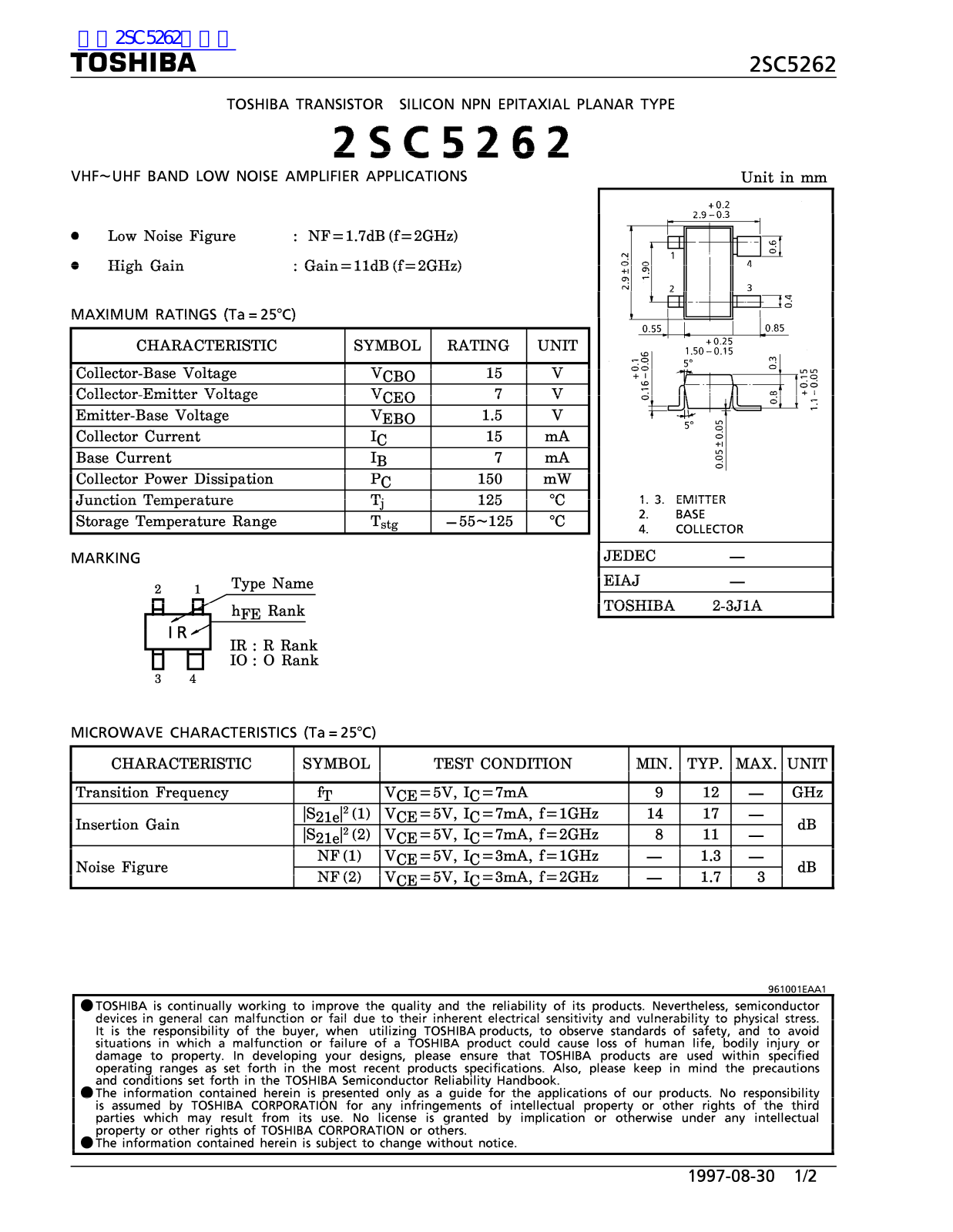 TOSHIBA 25C5262 Technical data