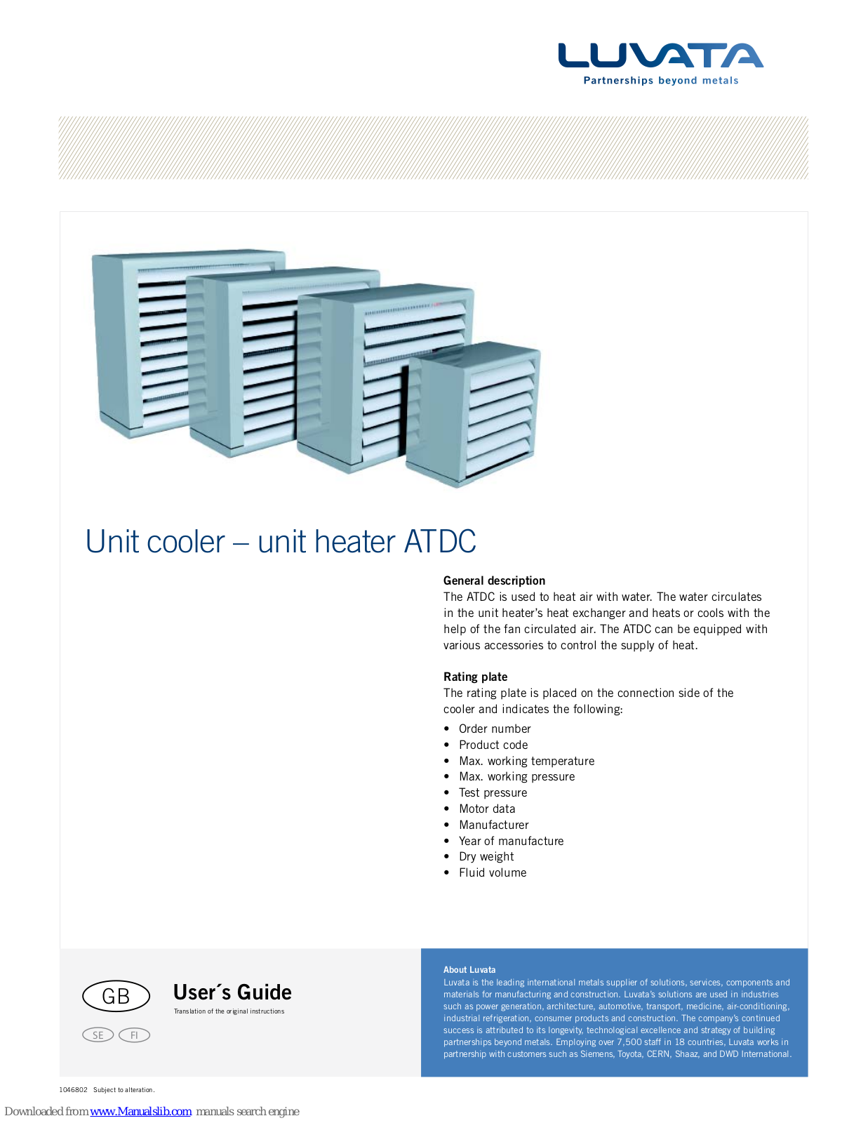 Luvata ATDC, ATDC Series, ATDC 33-1-2, ATDC 44-1-2, ATDC 44-3-2 User Manual