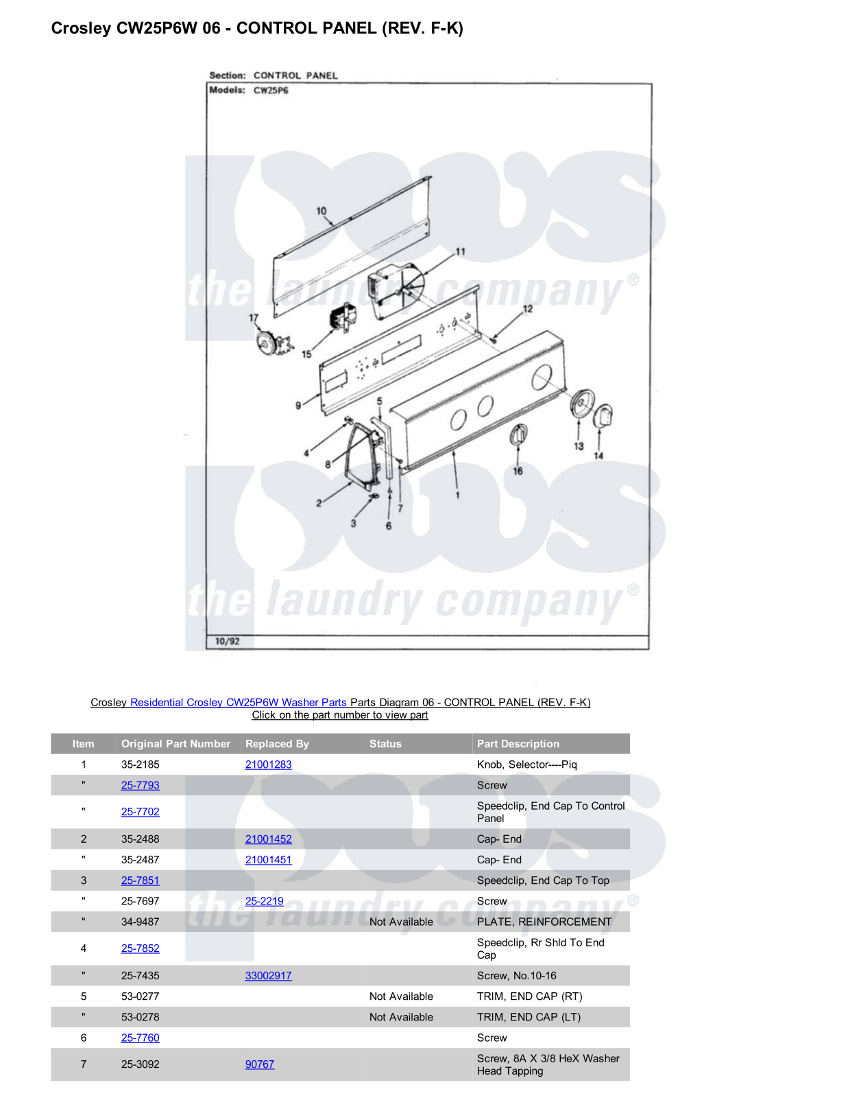 Crosley CW25P6W Parts Diagram