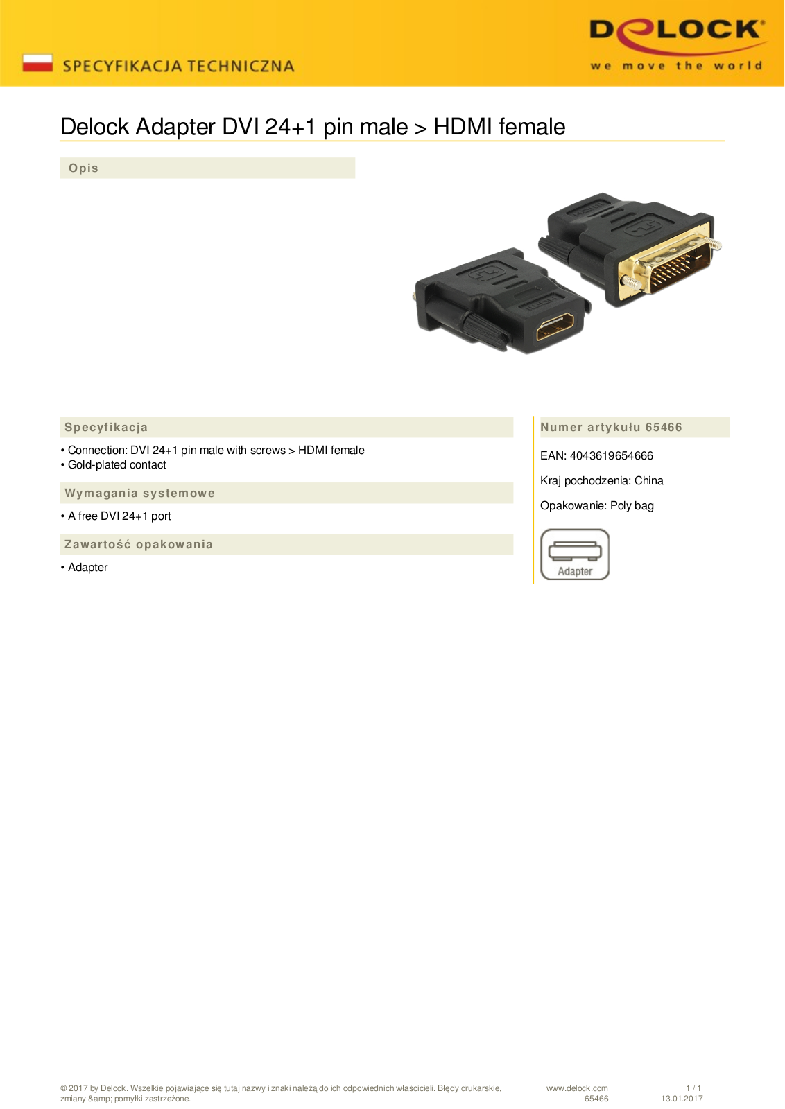 DeLOCK DVI-D  plug  on HDMI  socket  adapter User Manual